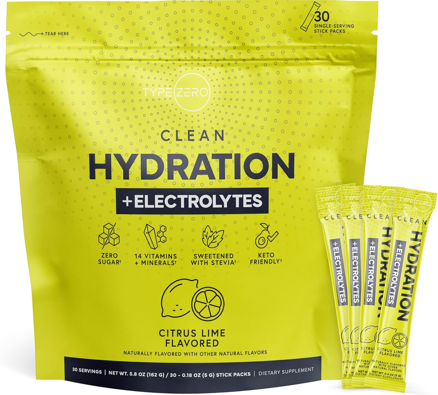 Type Zero Clean Hydration + Electrolytes Drink Mix (30 Single-Serving Packets) (Citrus Lime Flavored) – Advanced Hydration for Any Occasion