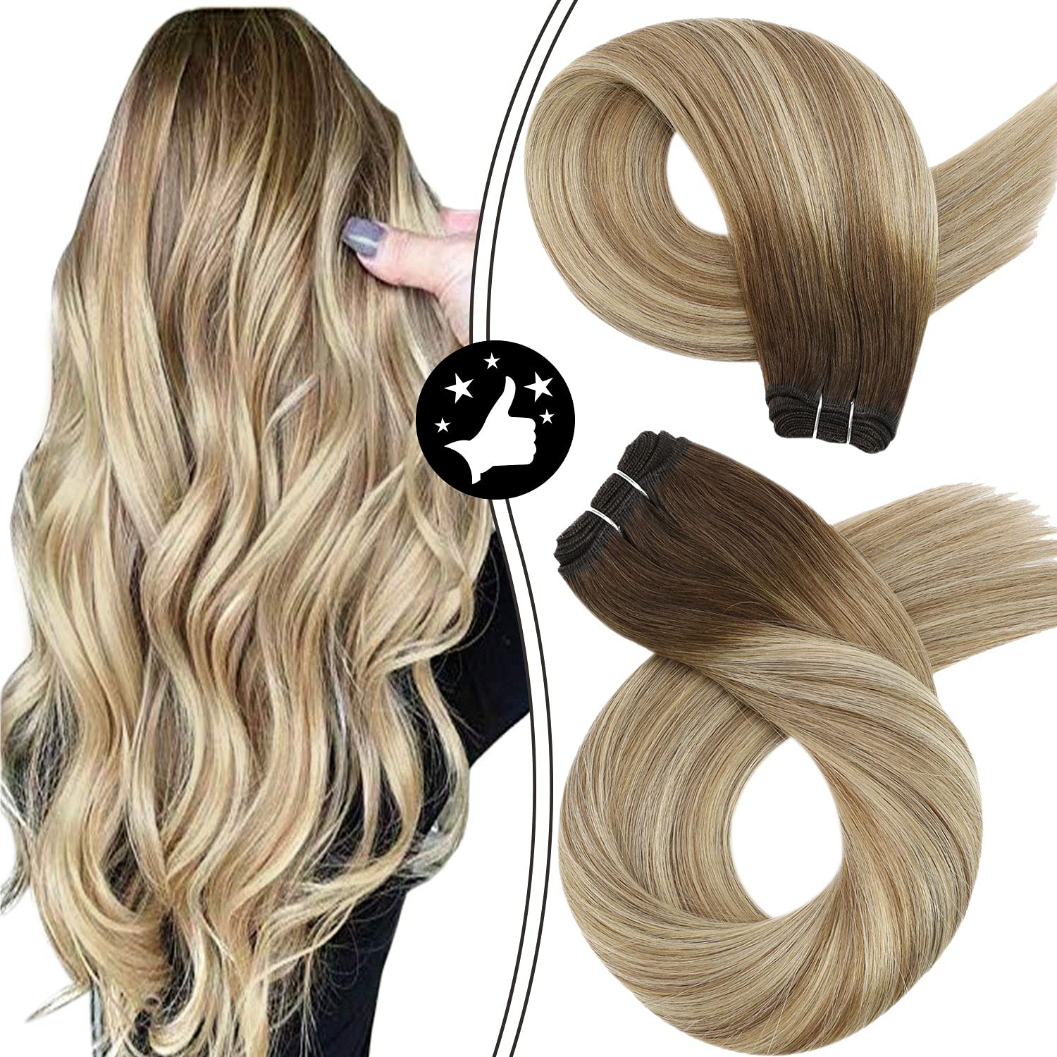 Amazon.com : Moresoo Sew in Human Hair Bundles 16 Inch Double Weft Hand  Tied Weft Hair Extensions Balayage Color #3 Brown to #8 Mixed with #22  Blonde Real Human Hair Extensions Weft
