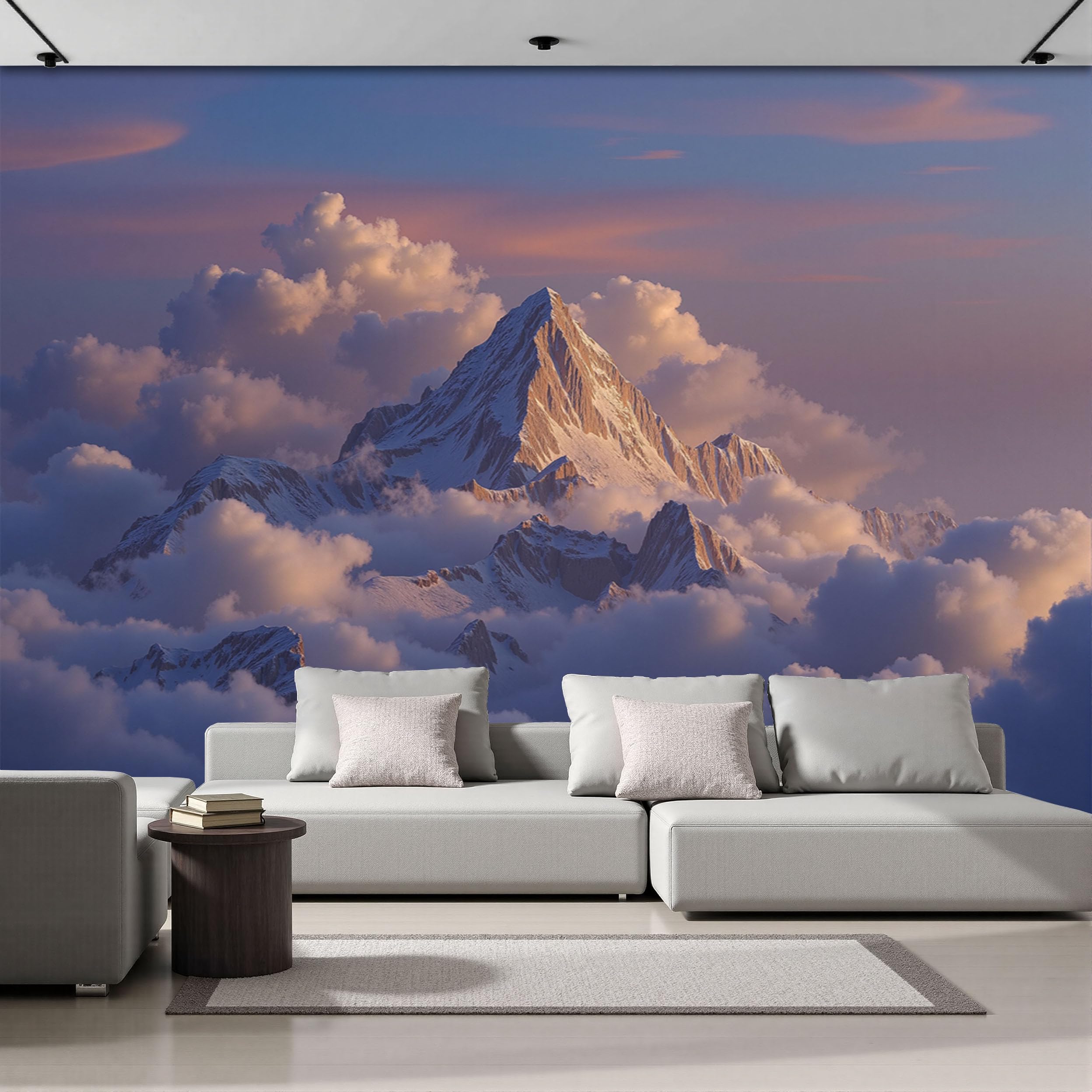 Papier peint montagne pour agrandir un salon et éclairer un couloir sombre