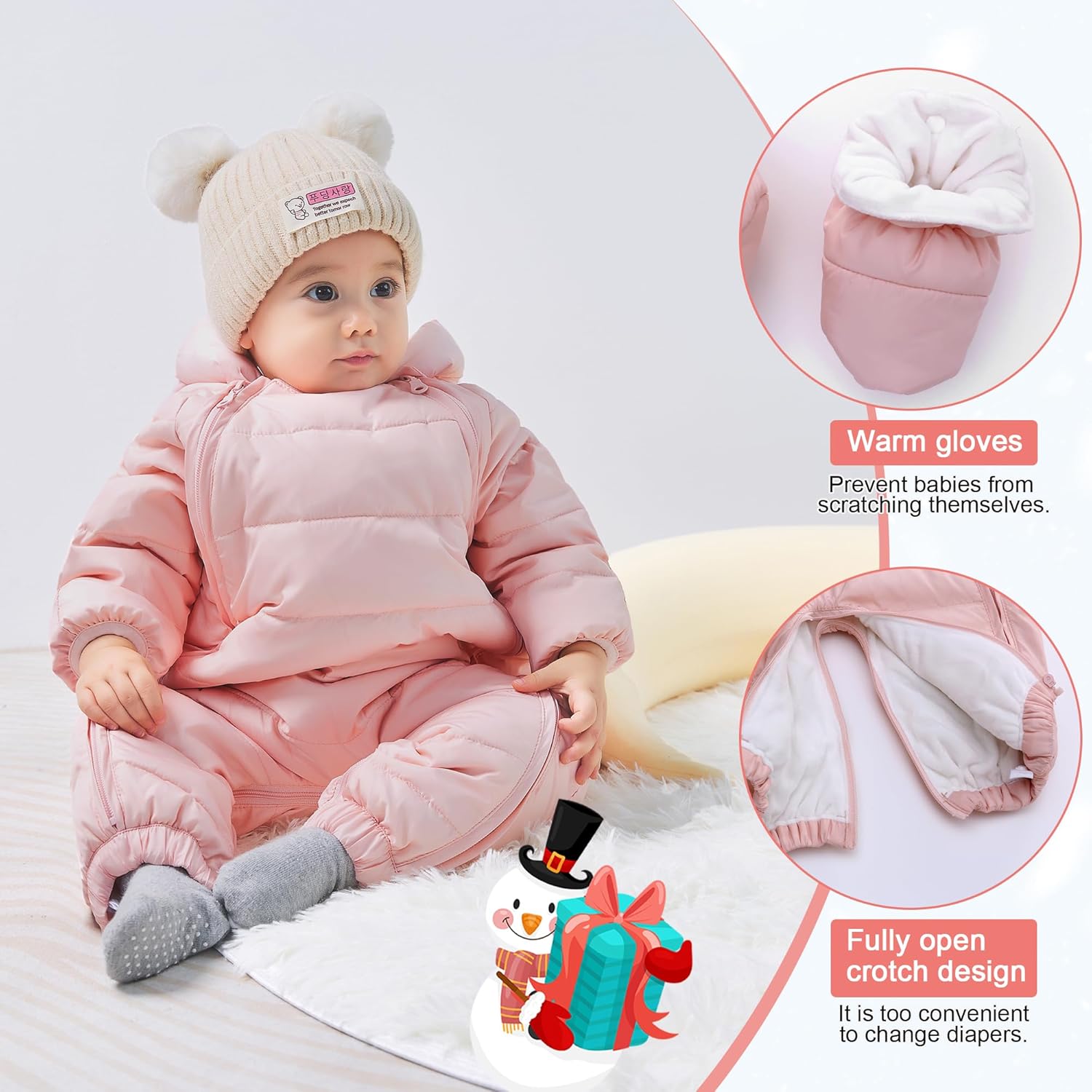 LAT 3 Pcs Baby Snowsuit Winter -Super Warm Flannel Lining Puffer Jacket Hoodie Romper -Double Zip Up Coat Toddler Clothes - Image 6