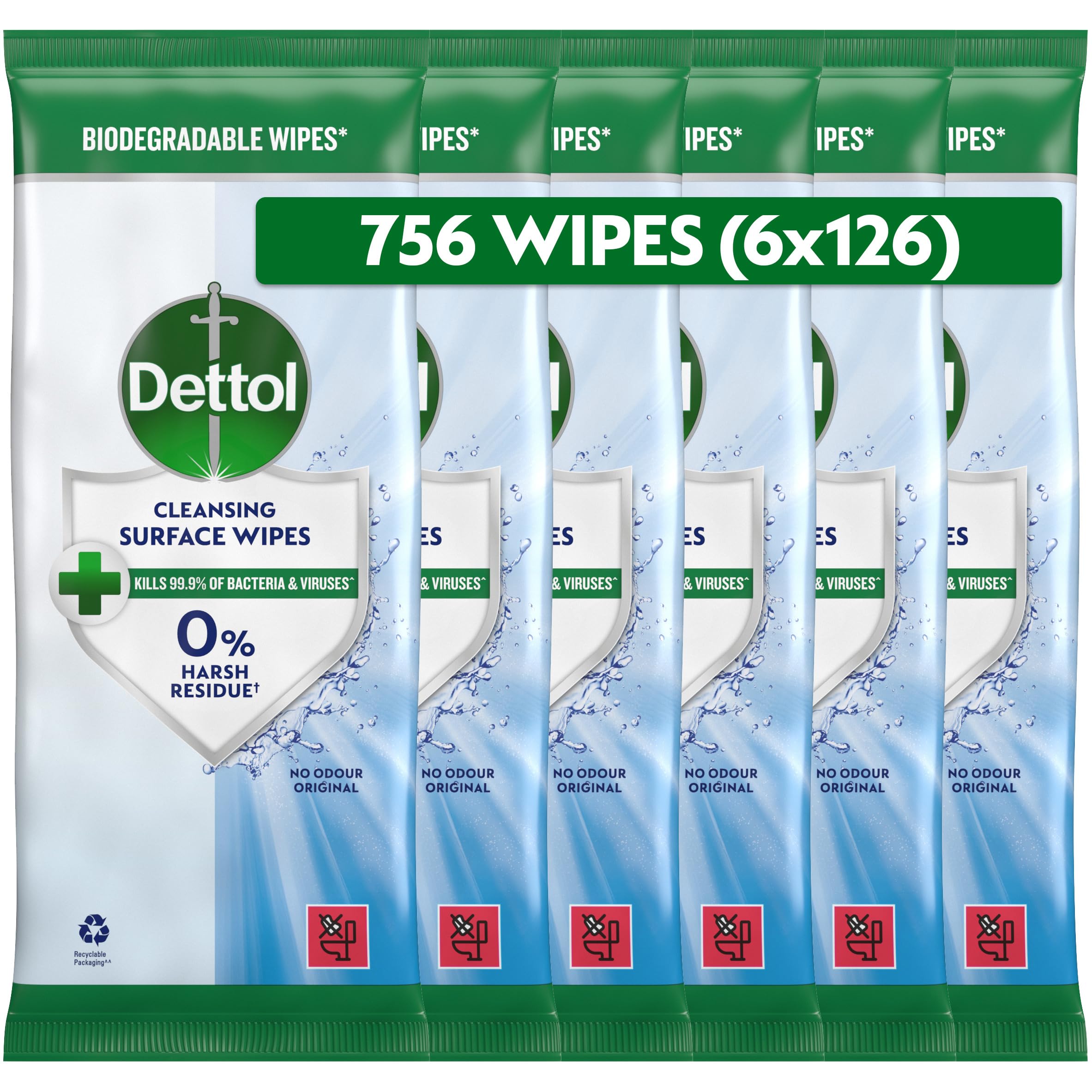 DettolAntibacterial Cleansing Surface Wipes, Fragrance Free, 756 Wipes (126 x 6pck) Large Value, Disinfectant, Home Hygiene, Biodegradable, Kills 99.9 Percent of Germs