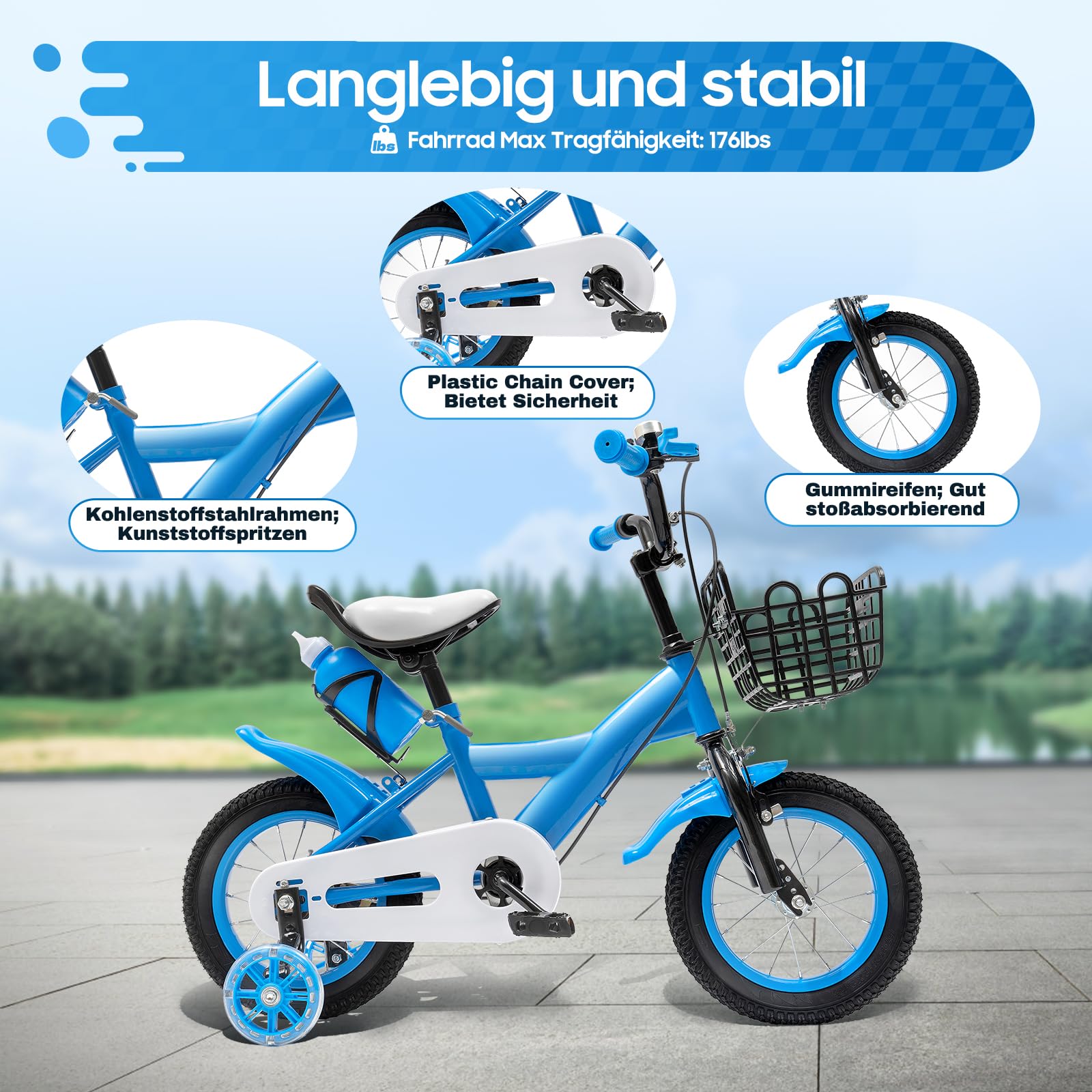 Wiefiche 12 Zoll Kinderfahrrad Upgraded Höhenverstellbar Kinder Fahrrad für ab 2-4 Jahre Mädchen & Jungen, Kinderfahrrad mit Stützrädern, Wasserflasche und Korb, Mädchenfahrrad Jungenfahrrad - 3