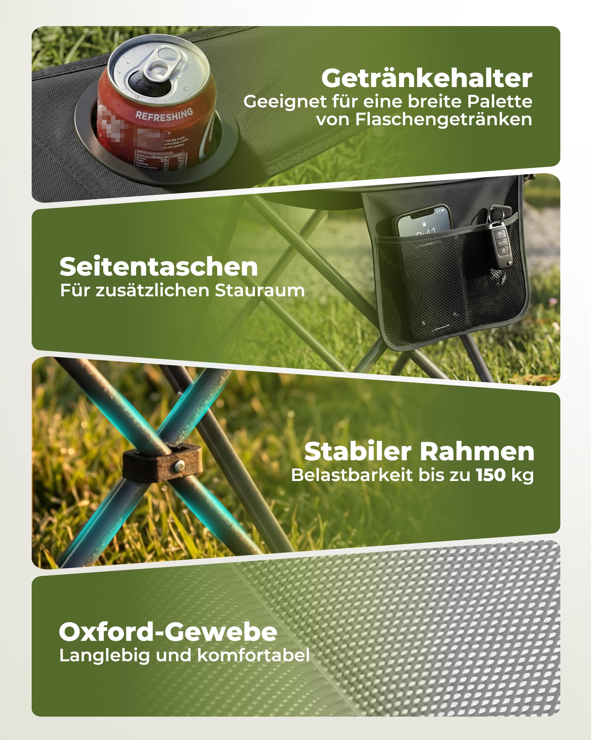Homecall Campingstuhl Faltbar 150kg Belastbar Campingstuhl Hochlehner 108cm mit Lendenwirbelstütze, Gepolstert Klappstuhl Camping Stuhl Angelstuhl Faltbar für Garten Picknick (Grau - 1 Stück)
