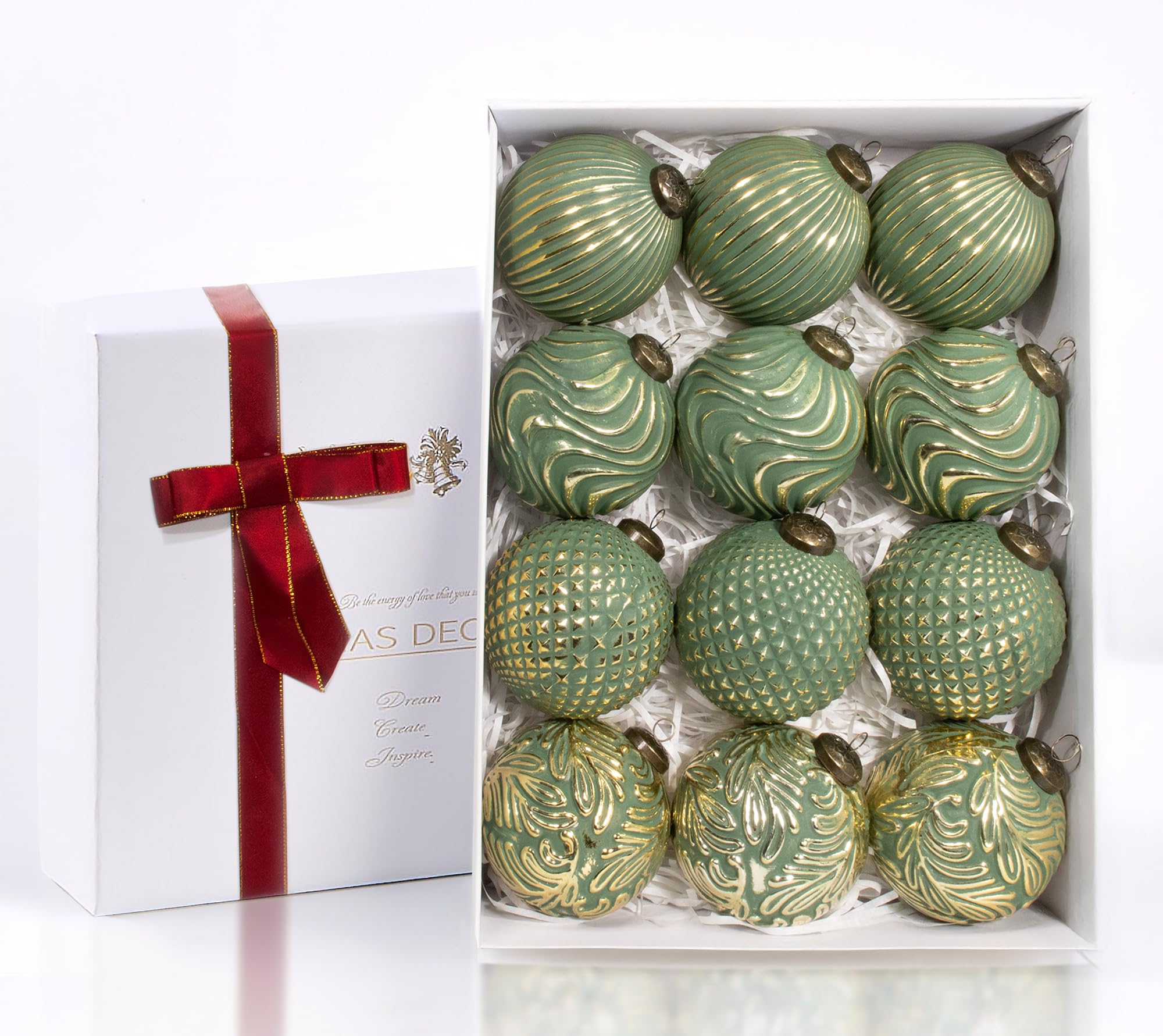 Jondciv 12PCS Rustic Green Christmas Ball Ornaments, 3.15" Vintage Farmhouse Hanging Ornaments for Christmas Trees, Parties, Weddings and Home Decor