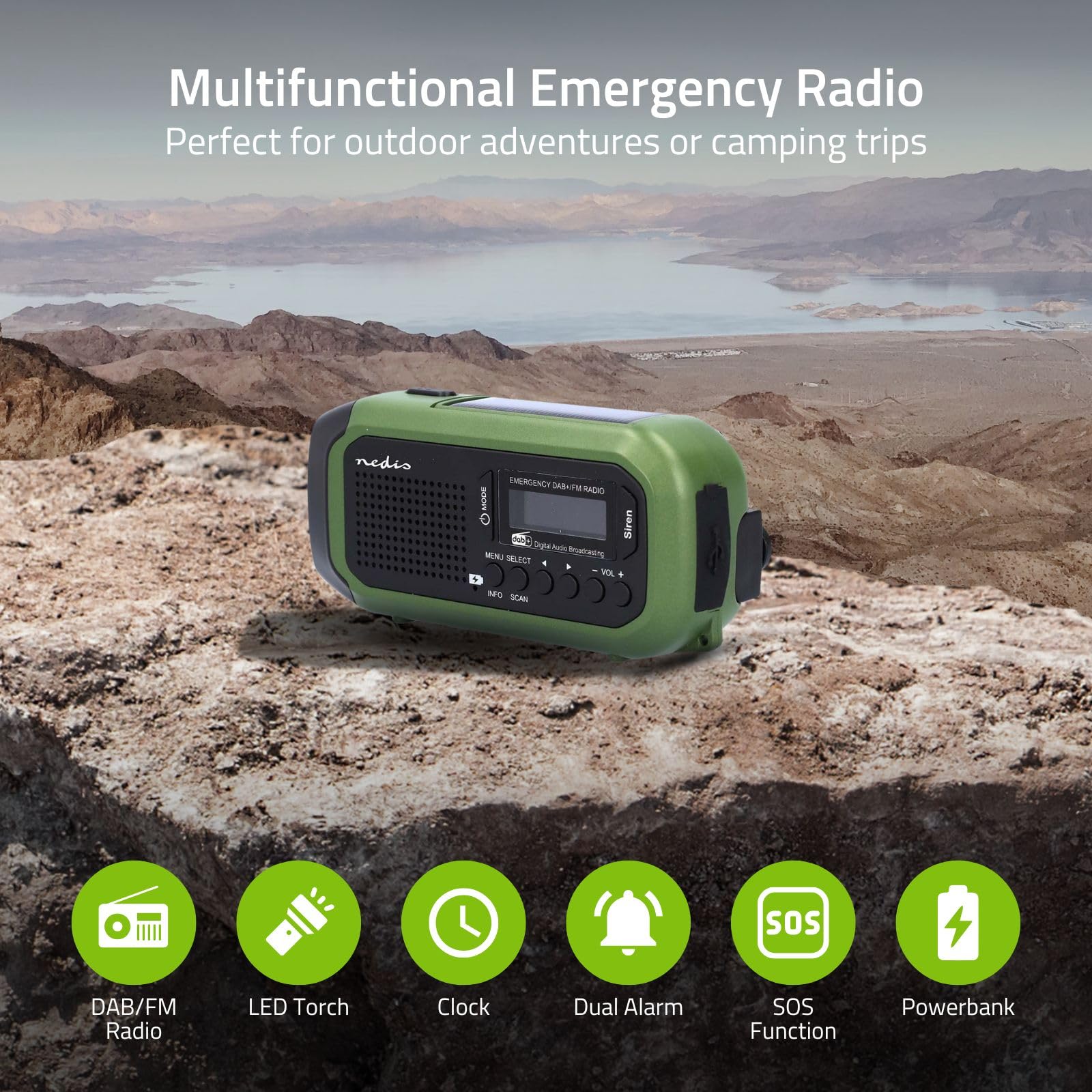 Radio de Emergencia – Versión portátil – Dab+ / FM – Funciona con Pilas/manivela/energía Solar/alimentación Mediante USB – Despertador – Verde/Negro