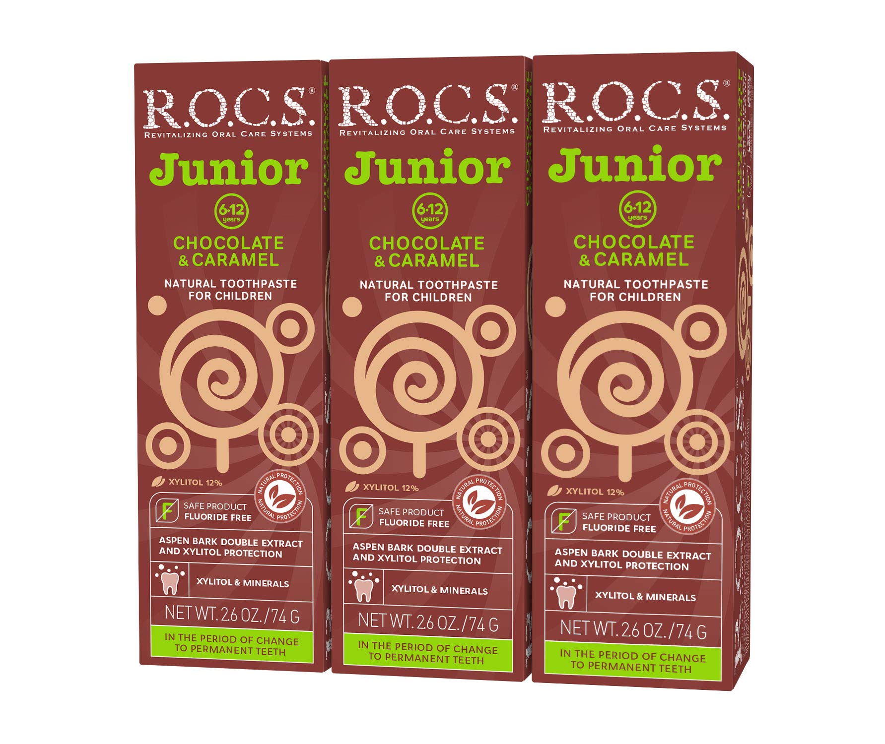 R.O.C.S. Junior Toothpaste - Enamel Whitening Teeth Gum Protection - for Children 6-12 Years Old - Safe to Swallow - Natural, No Fluoride or Sulfate (Chocolate & Caramel, Pack of 3)