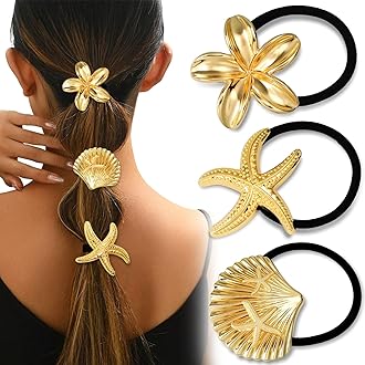3PCS Gold Hair Ties, Metal Hair Ties for Thick Hair, Elegant Durable Geometric Design, Gold Hair Accessories Stretchy and Non-Damage Ponytail Holders, Ocean Pattern 3 Style Starfish Shell Flower