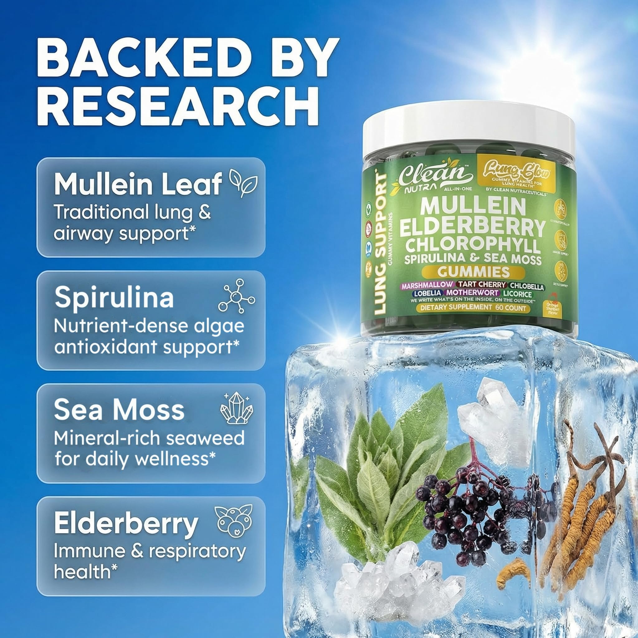 Clean Nutra Mullein Gummies for Lung Health Support with Elderberry Chlorophyll Spirulina Tart Cherry Sea Moss Vitamin C Lutein Marshmallow Root Licorice Root Superfood Greens Mucus Relief 60 Gummies — Amazon image 3