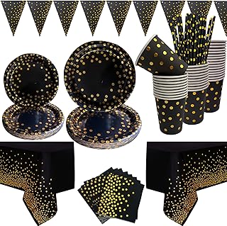 178PCS Black and Gold Dot Party Tableware Supplies, Black Gold Party Dinnerware Set Include 2PCS Tablecloth Black Gold Plates, Cups Napkins, Paper Straws, Banner for Birthday Party - Serves 25