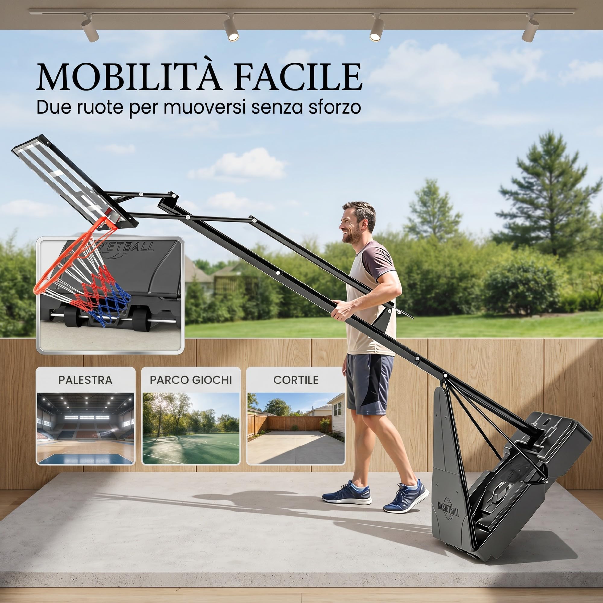 SPORTNOW Canestro Basket Regolabile per Adulti Altezza 2.45-3.05 m, Supporto da Basket Portatile con Ruote, Base Riempibile, Sistema Ritorno, Tabellone Antishock, Uso Interno ed Esterno, Nero
