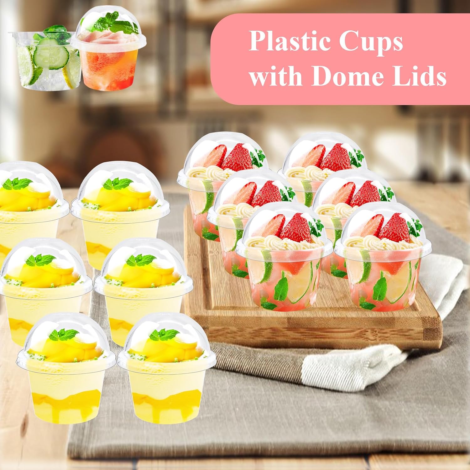 50Pcs 8oz Clear Plastic Cups with Dome Lids(No Hole),Disposable Dessert Cups Parfait Party Serving Cup,Take Away Food Containers Bowls for Ice Cream,Cake,Fruit,Pudding,Jello Shot