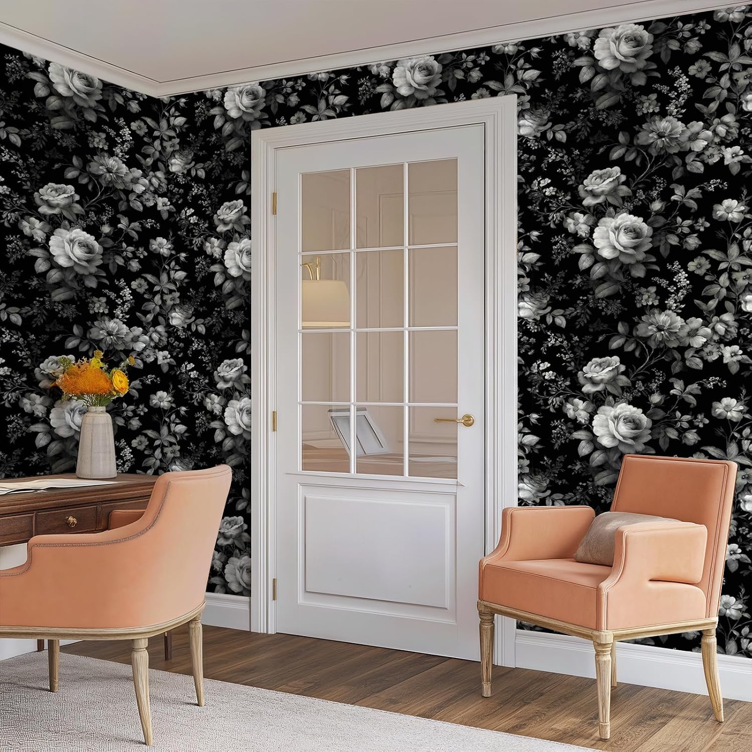Elegant Vintage Black & White Floral Leaf Wallpaper Peel and Stick Removable 17.7" x 236.22" Line-Art Rose Wall Paper Self Adhesive for Classroom Bedroom Laundry Room Bathroom