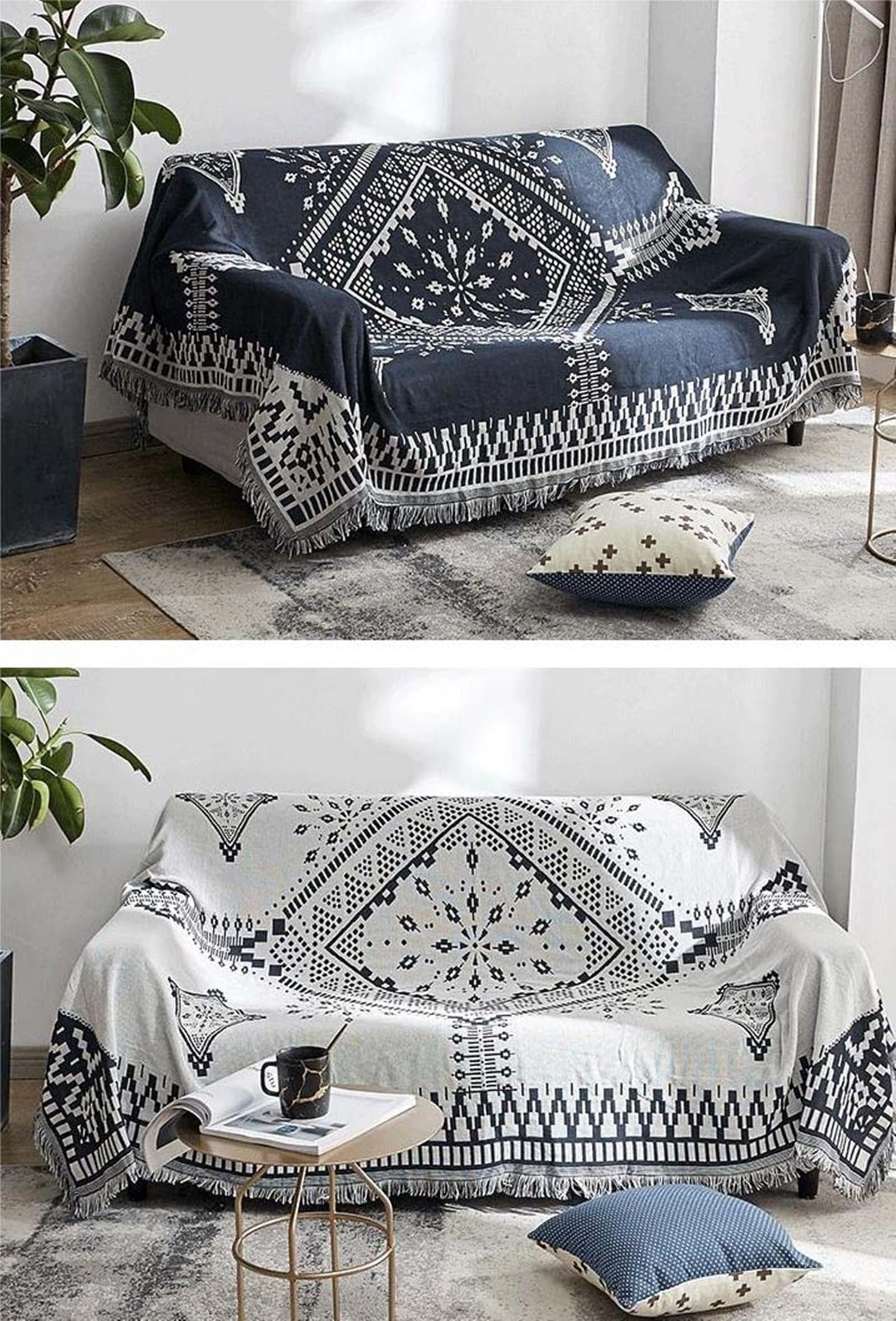 Couch Decken, Mischgewebe Couch Decken Marineblau Maritim-Muster Mit Quaste Sofabezug 2 Seater(90X240Cm)