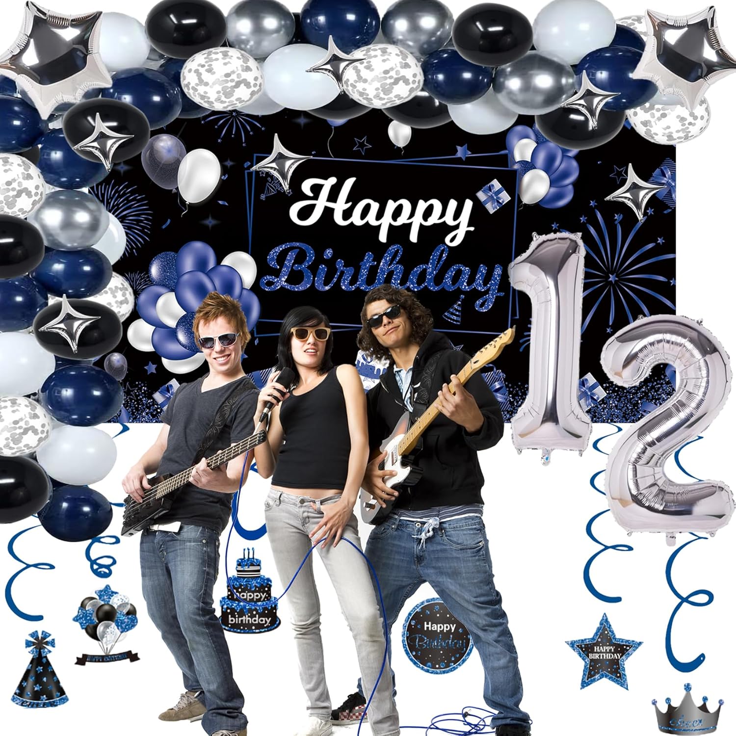 12th Birthday Decorations Set for Boy, Navy Blue Silver Black Party Decorations with Birthday Backdrop Banner, Tablecloth, 12 Number Balloons for Him - Image 5