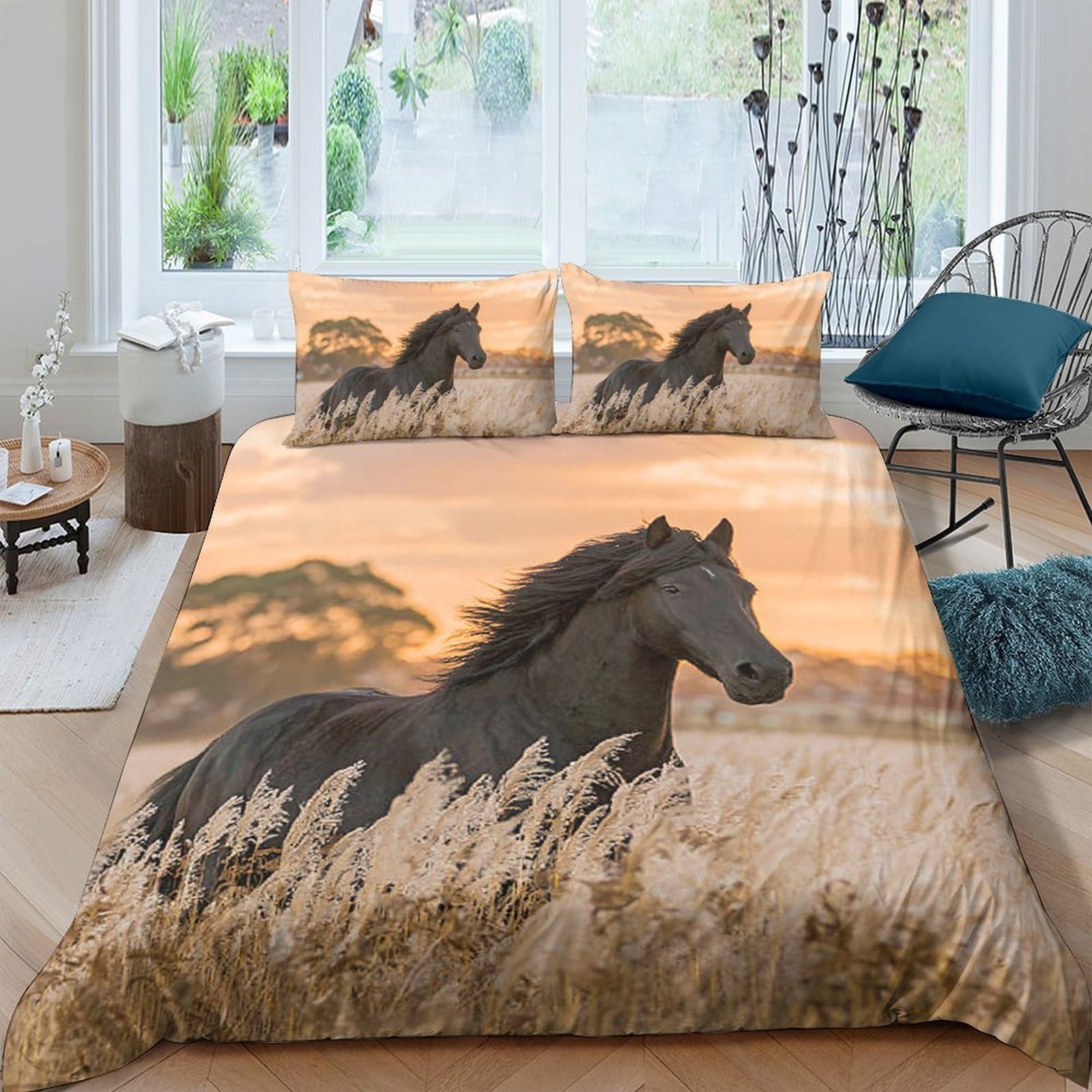Ctjqhvkz Style-1 3D Printed Wild Horse Fitted Sheet Microfiber Soft Beige Sunset Meadow Bed Cover For Bedroom Guest Room Decor Single（135X200cm）