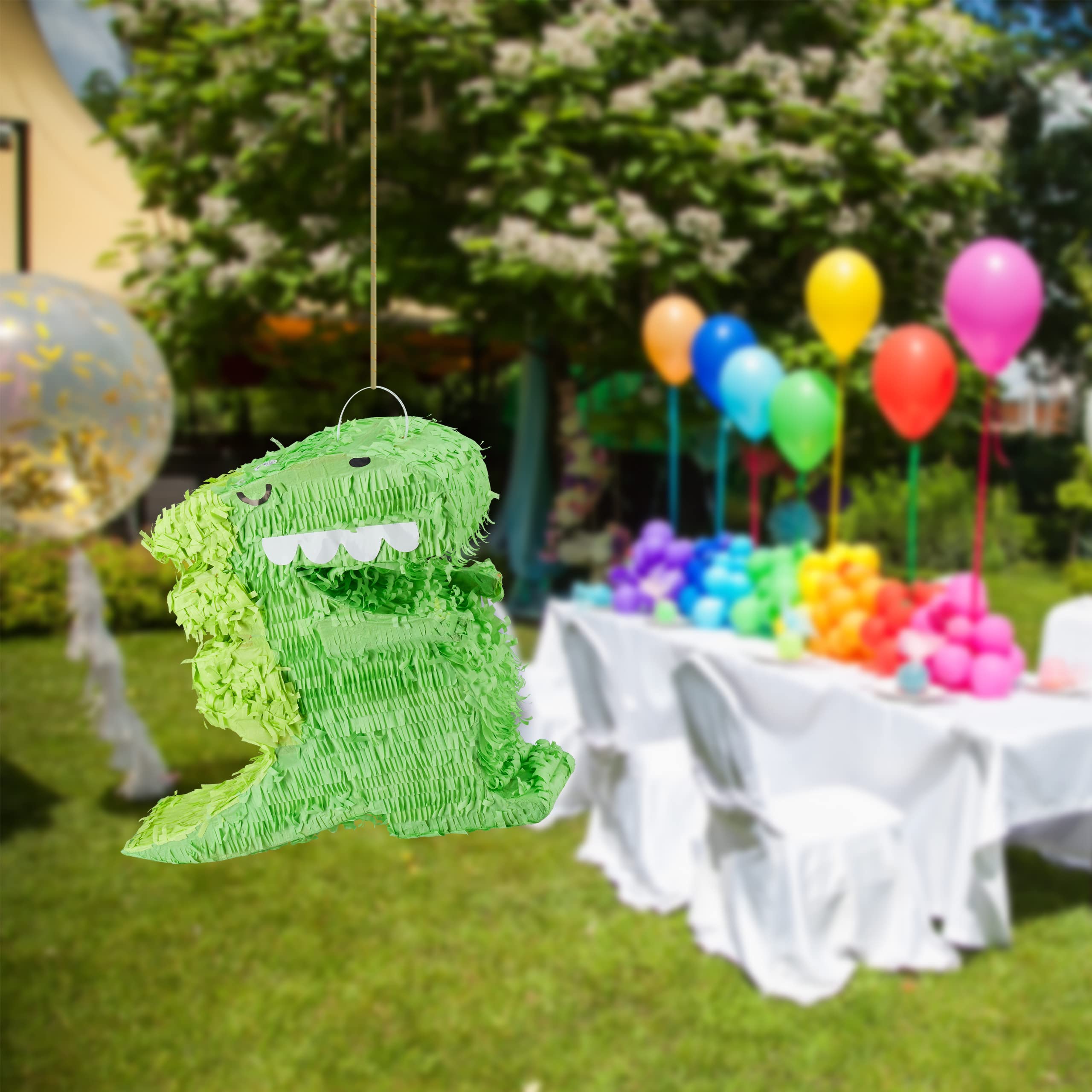 Relaxdays 2 Piñatas Dinosaurio, para Colgar, Fiestas Cumpleaños Niños y Niñas, Forma T-Rex, Dino, Rellenable, Papel, Verde