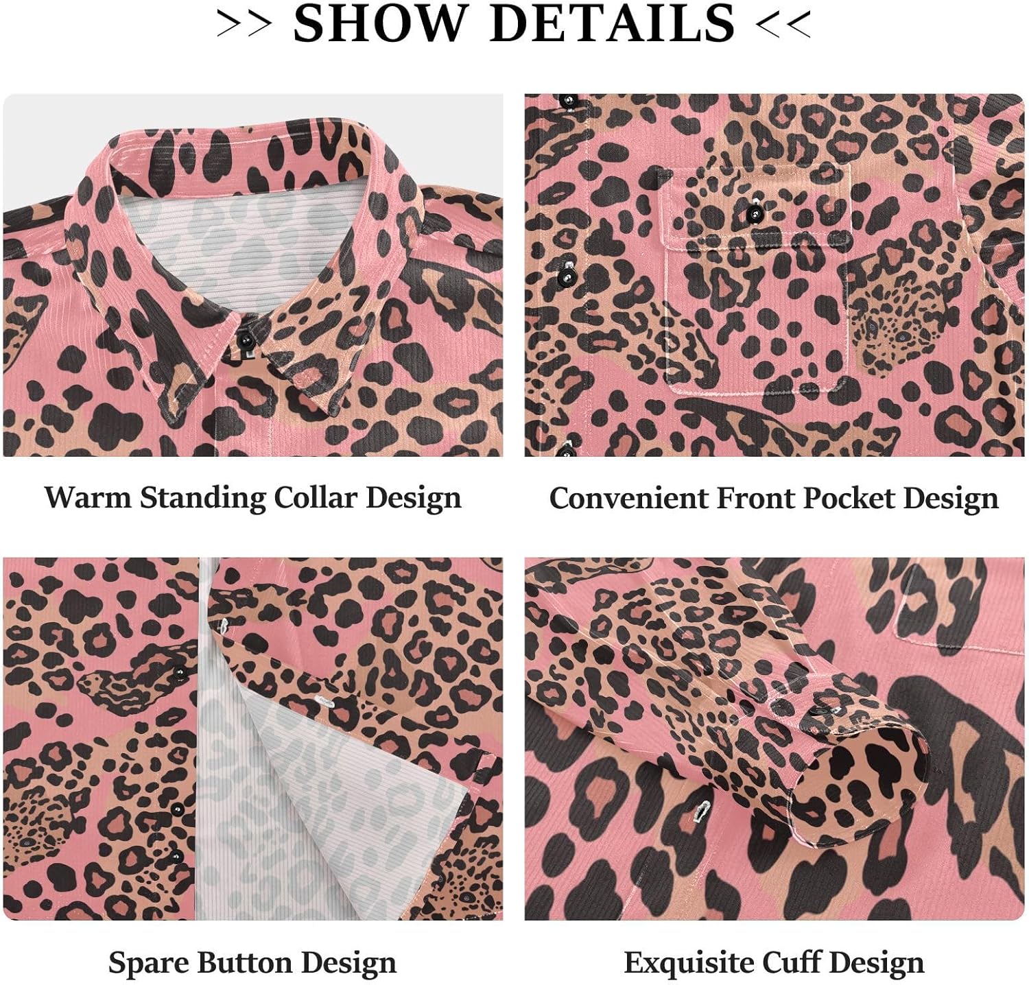 KLL Leopard Pattern Pink Black Womens Men's Regular Fit Rugby Shirts Dating Long Sleeve Blouse