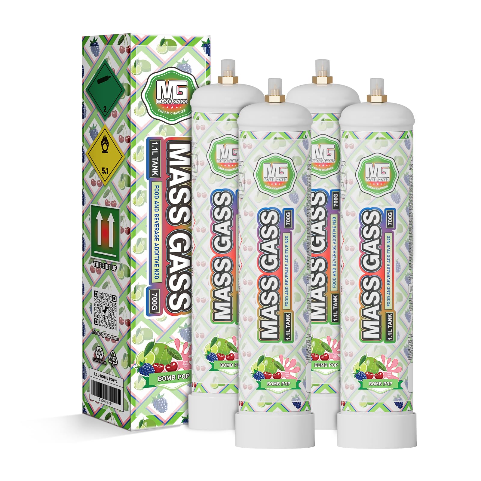 Whipped Cream Charger,MassGass Cream Chargers Tank Food Grade 99.9%-Purity 700g1.1L (4 Cylinders, BOMB POP)