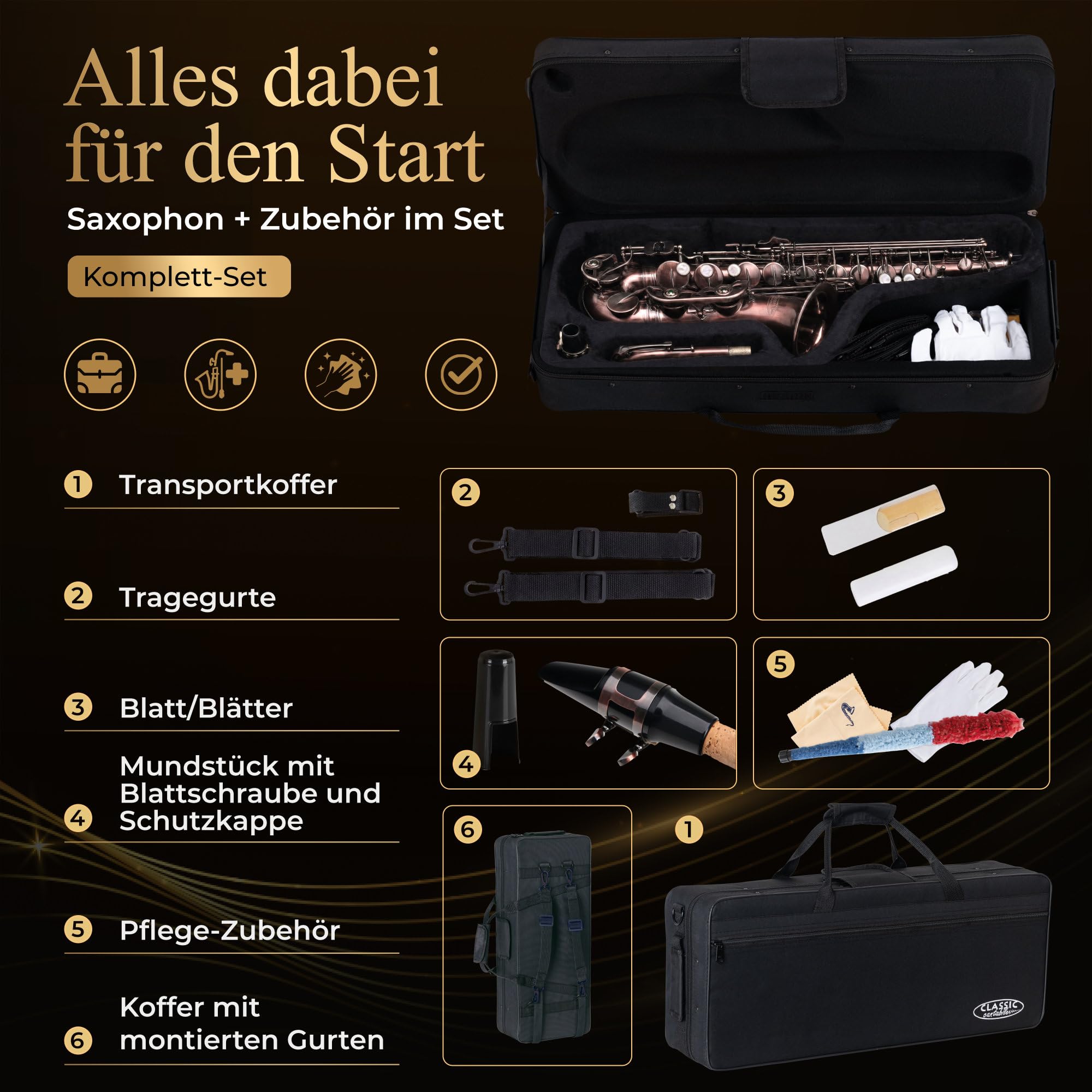 Classic Cantabile Winds AS-450 Antique Red Eb Set Sassofono Alto, Peso: 2 | Sassofono alto in ottone, Finitura Vintage Antique Red, Chiave Fa# alta, Suono pieno e caldo, Attacco rapido, 4 kg, Ance