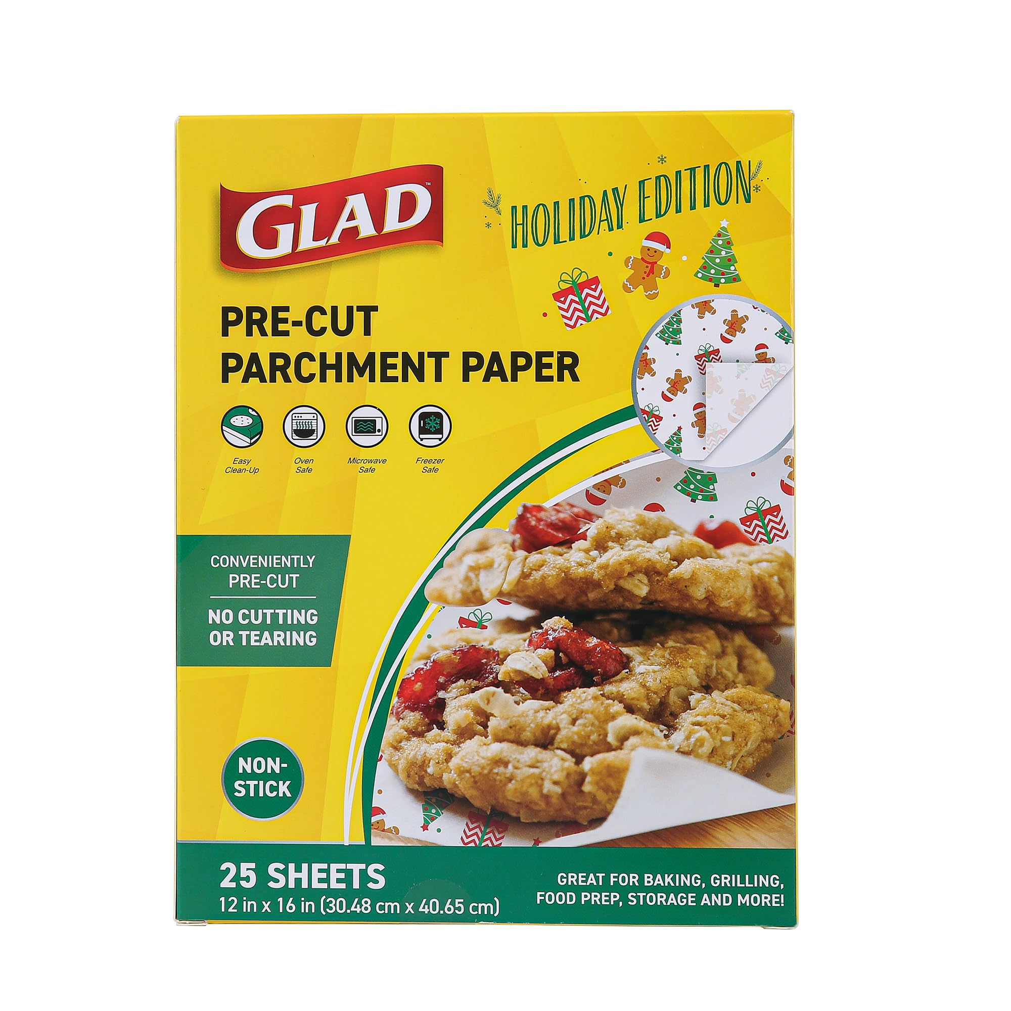 Glad Holly Jolly Printed Pattern Pre-Cut Parchment Paper Sheets - Holiday Design Parchment Paper Baking Sheets for Christmas Cookies, 12” x 16” - 25