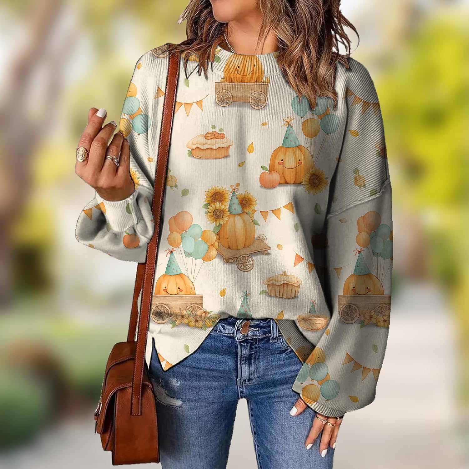 Womens Sweaters Trendy Cute Thanksgiving Print Long Sleeve Pullover Tops Fall Casual Crewneck Comfy Knit Jumper - Image 2