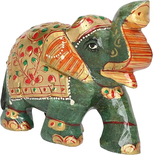 REAL-GEMS Figura de estatua de elefante tallada a mano con piedras preciosas de jade verde de cristal curativo para decoración coleccionable de