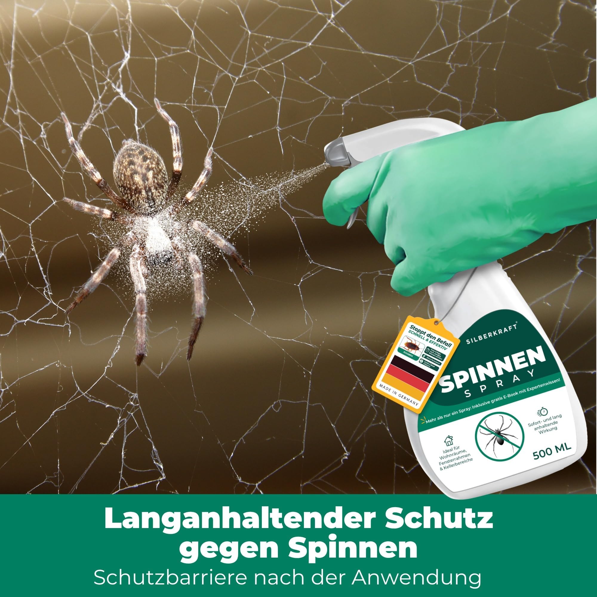 Silberkraft Spinnenspray 500 ml - Hochwirksames Spinnenabwehr-Mittel mit Sofortwirkung gegen Spinnen - Anti-Spinnenspray für Innen & Außen - Spinnen dauerhaft vertreiben - laborgeprüft