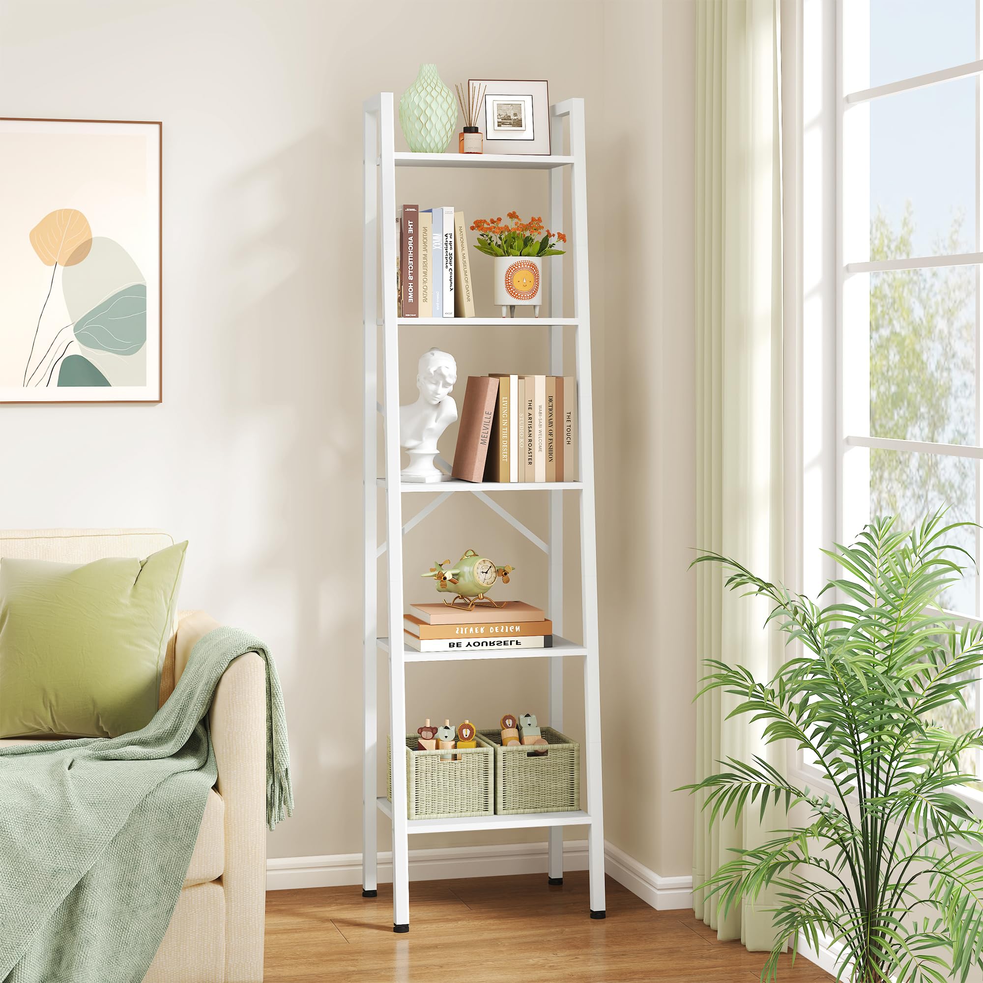 Hoctieon 5-Tier Industrial Ladder Bookshelf, Narrow Ladder Shelf, Tall Standing Bookshelf, Skinny Open Ladder Shelf, for Living Room, Home Office, Kitchen, Bedroom, Metal Frame, White