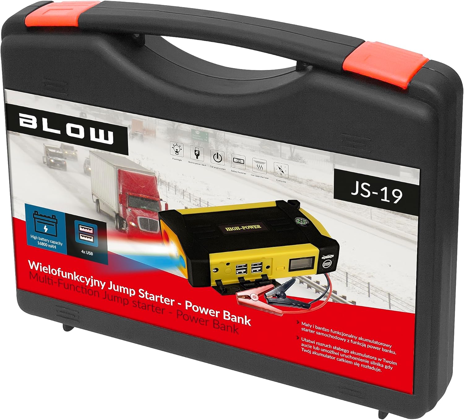 Blow JS-19 Powerbank Jump Starter and accessories in carrying case