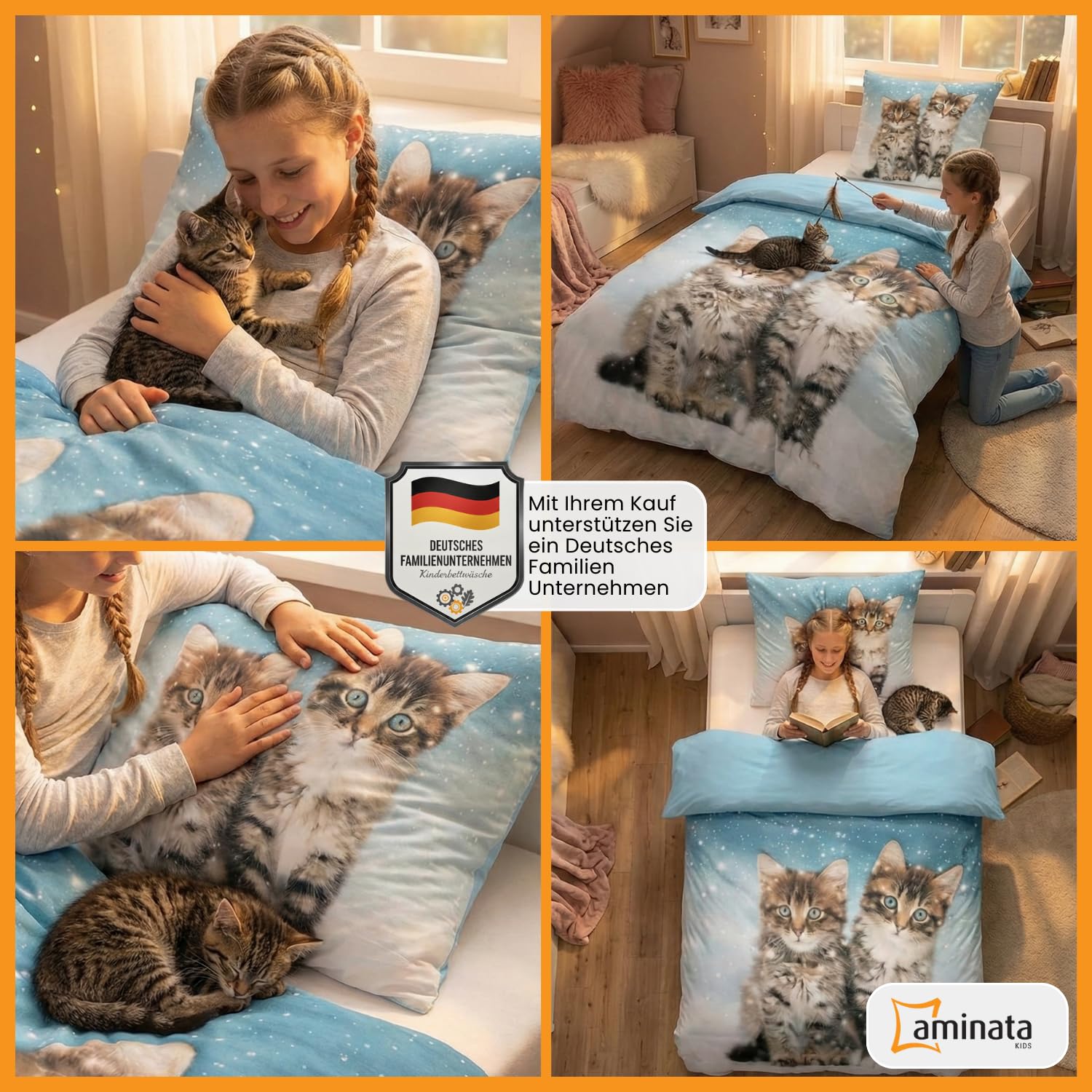 Aminata kids Bettwäsche Katze Biber 135x200 Kinder 100% Baumwolle blau