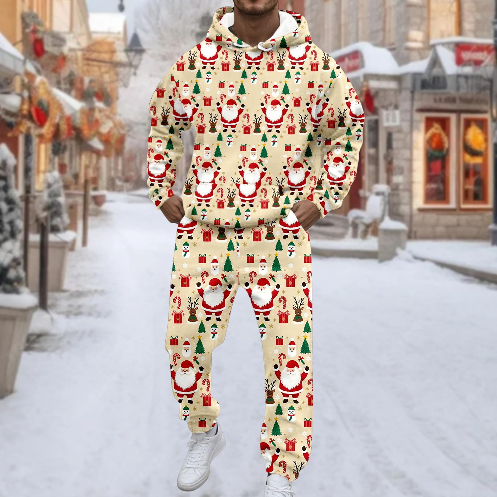 Conjunto de sudadera con capucha y pantalones para hombre, estilo casual, estampado de Navidad, 2026 (3)