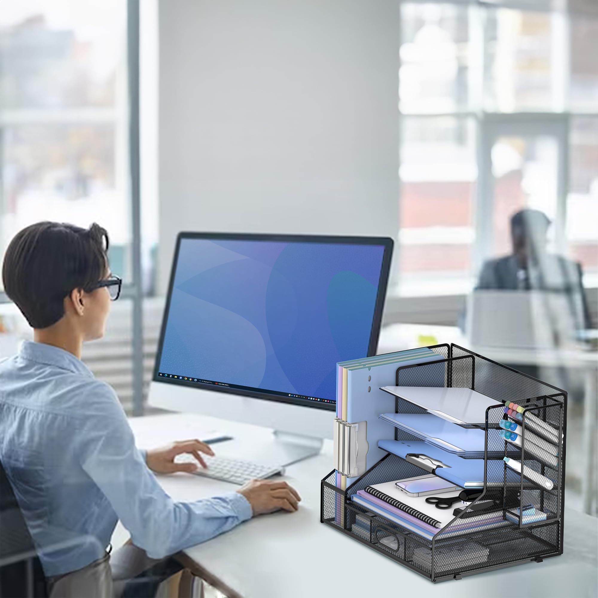 Organiseur de bureau avec porte-documents, plateau en maille à 5 niveaux, avec porte-stylo et tiroir, pour fournitures de bureau, noir