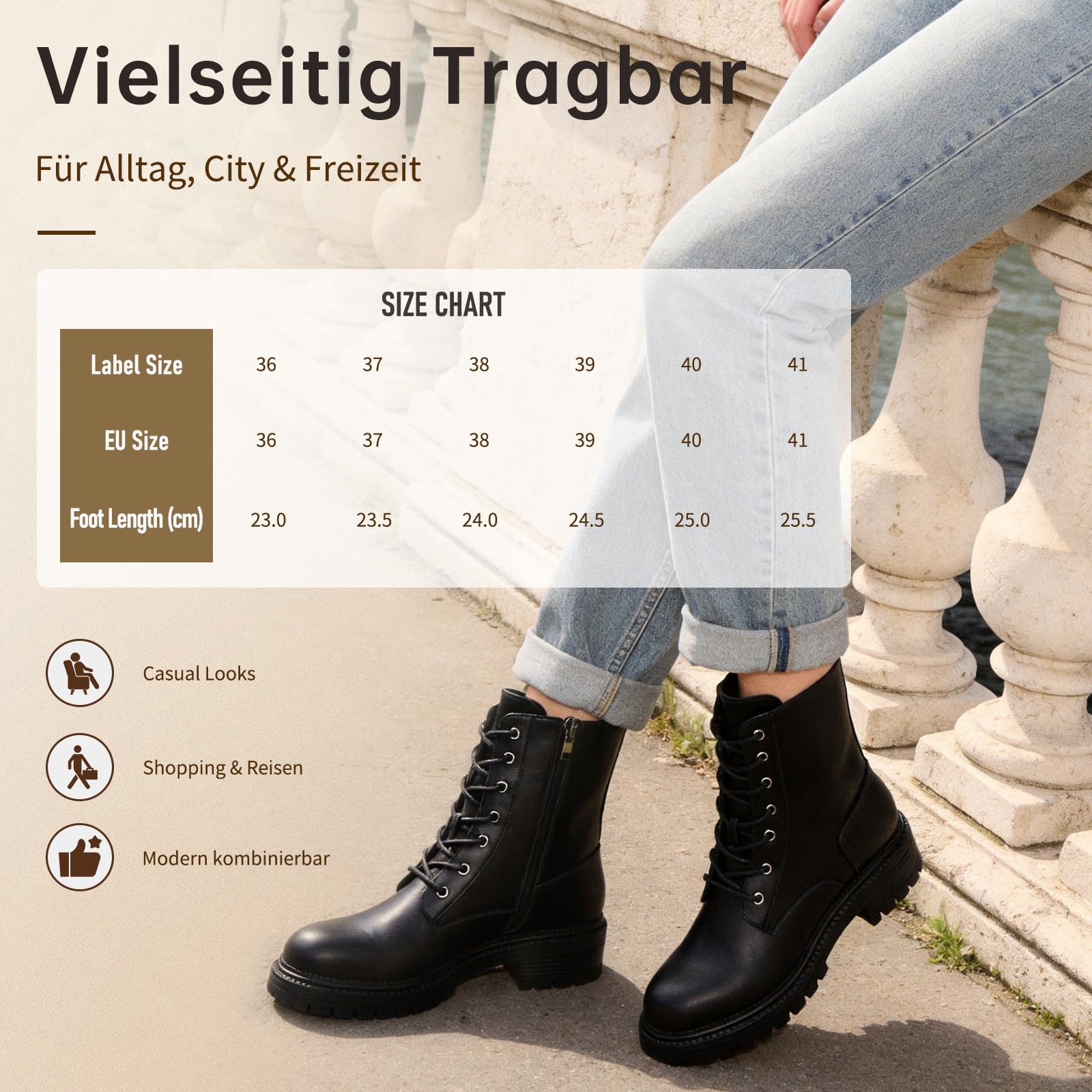 Damen Stiefeletten Wasserabweisend Seitlichem Reißverschluss Schnürung Combat Boots Damen Biker Boots mit Rutschhemmender Profilsohle Plateau Kurzstiefel für Herbst Winter Freizeit Ankle Boots Schwarz