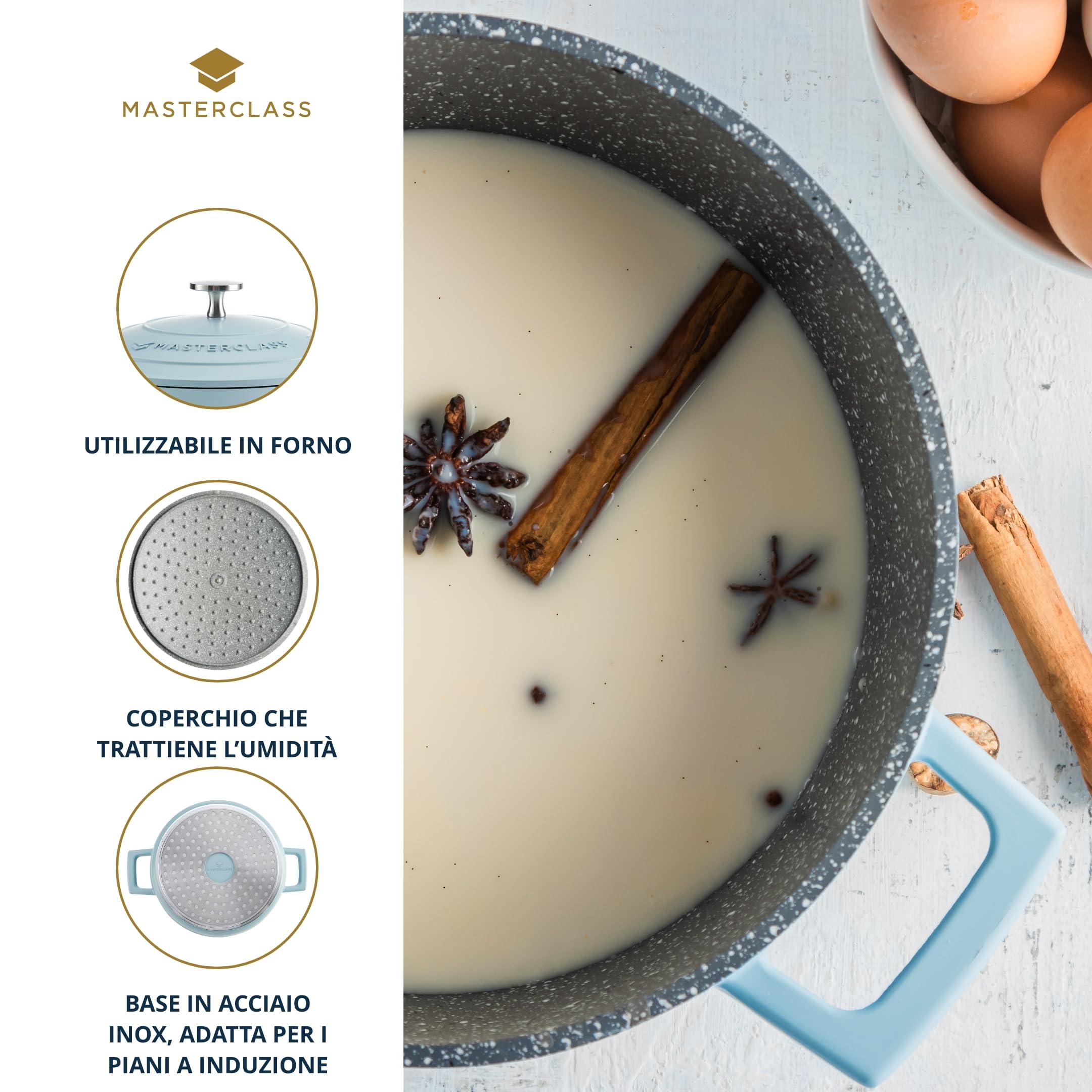 MasterClass Casseruola con coperchio, grande 5L/28 cm, leggera in alluminio fuso, sicura per forno e piano cottura a induzione, blu cielo