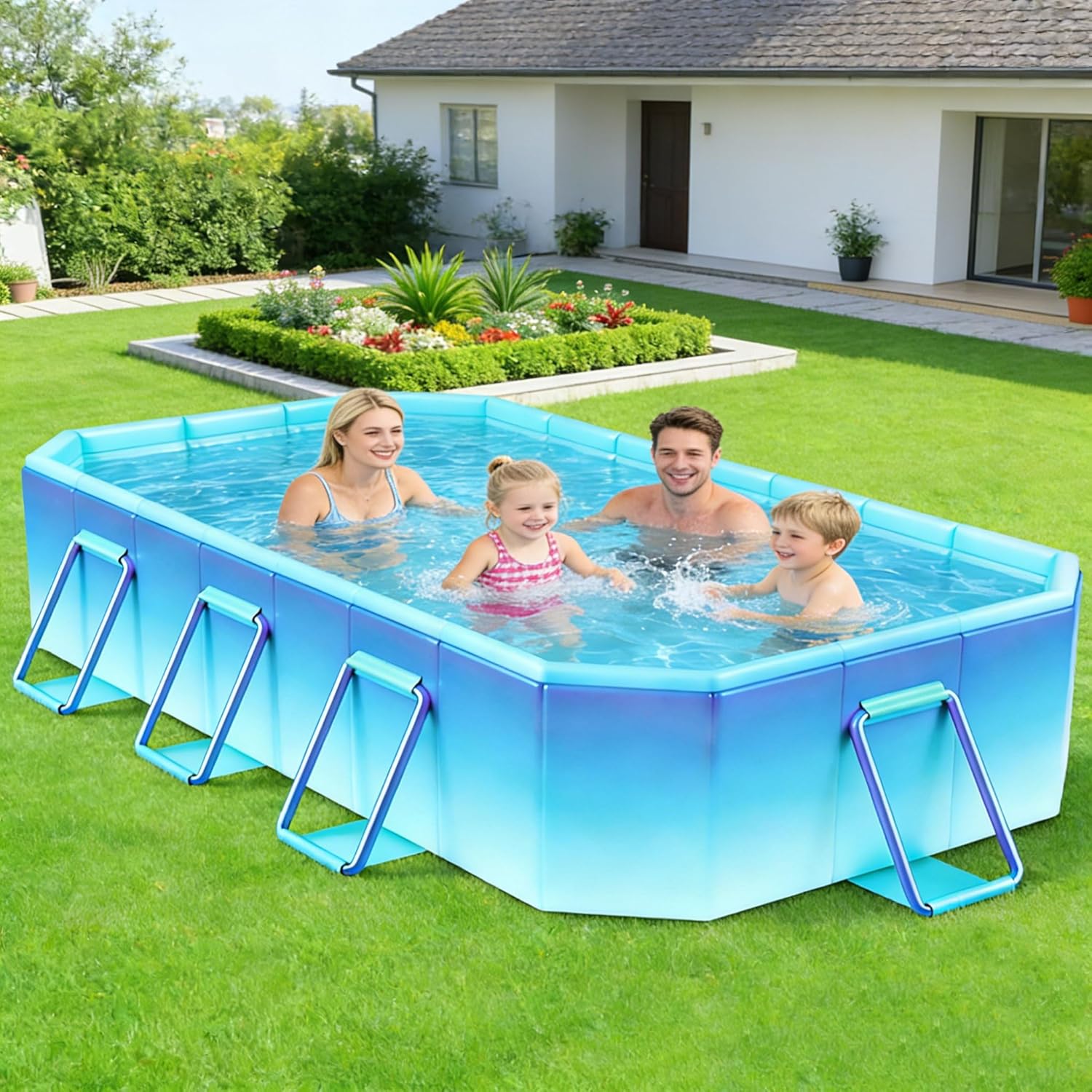 Foldable Pool, Non-Inflatable Swimming Pool with Rigid Puncture-Proof Hard Composite Board, Kiddie Pool Outdoor Pool, Adults & Kids Pool for Backyard Garden Dog Pool 114"×70"×19", Ice Blue
