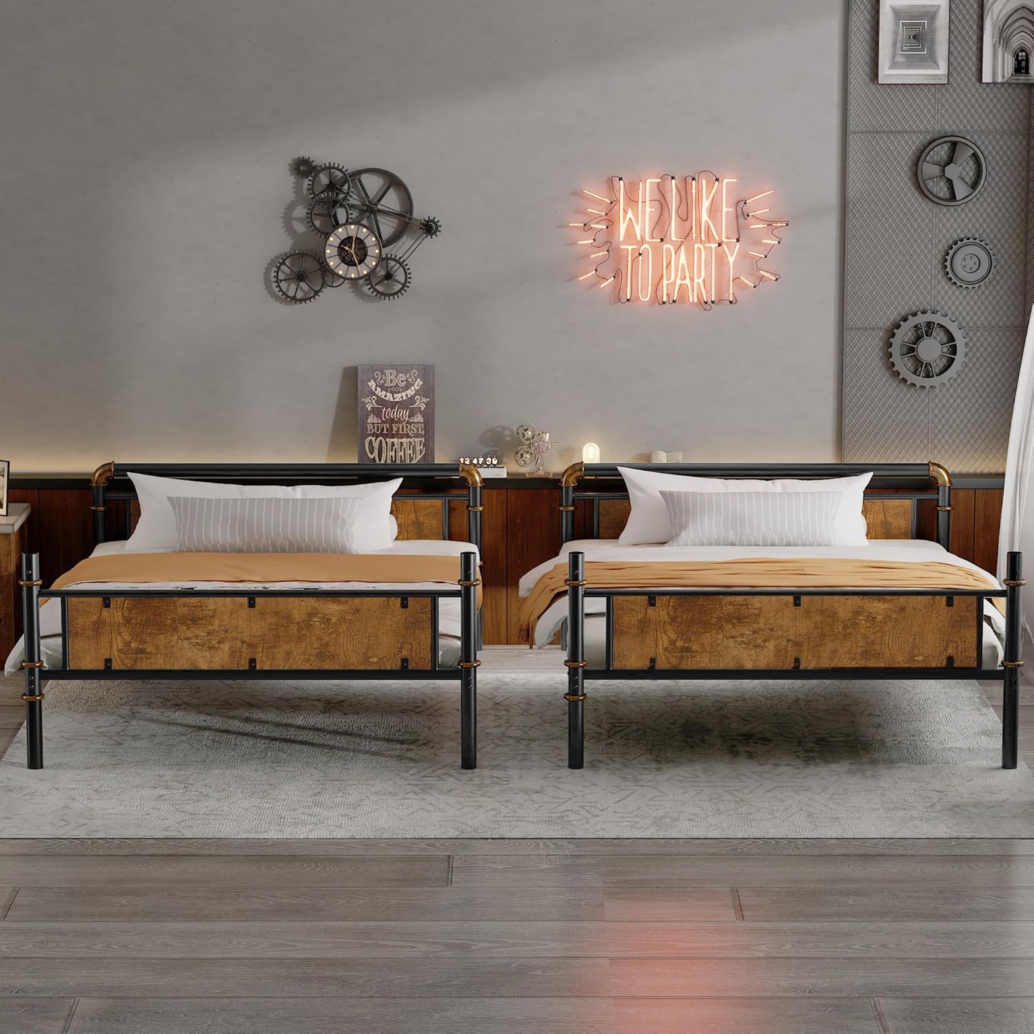 Industrial Metal Bunk Bed Twin XL over Twin XL Detachable Beds Heavy Duty Bed Frame with 15.9" Safety Guard Rails 3-Step Non-Slip Ladder Space-Saving Solution for Dorm and Bedroom Black Rustic Wood