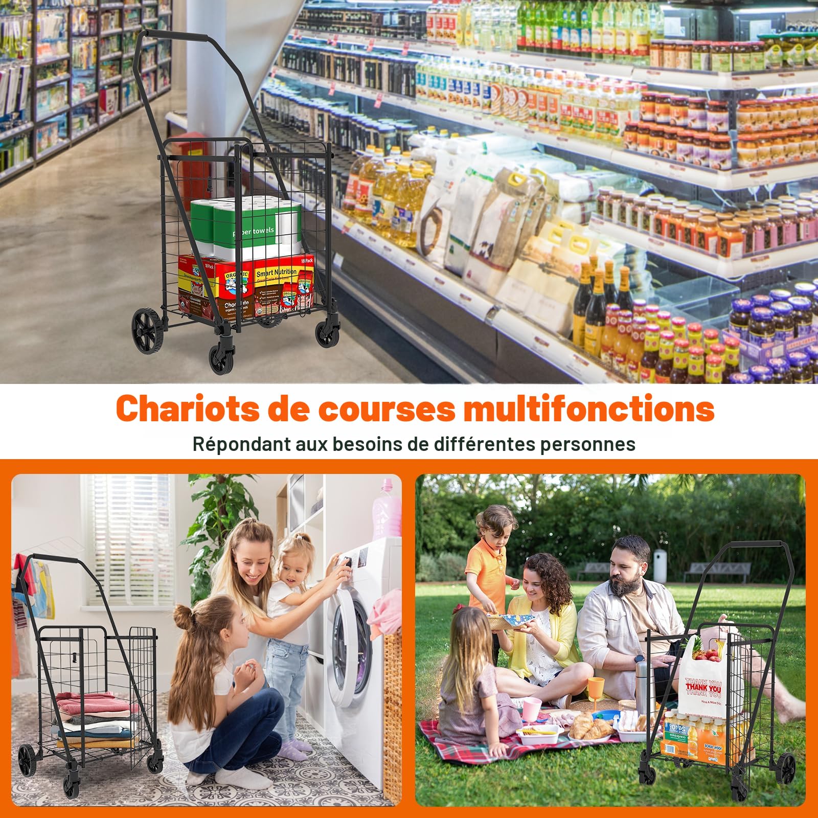 DIVCHI Chariot De Courses Pliable 57L – Ultra Léger Avec 2 Roues, Sac à Roulettes Robuste Et Compact Bleu