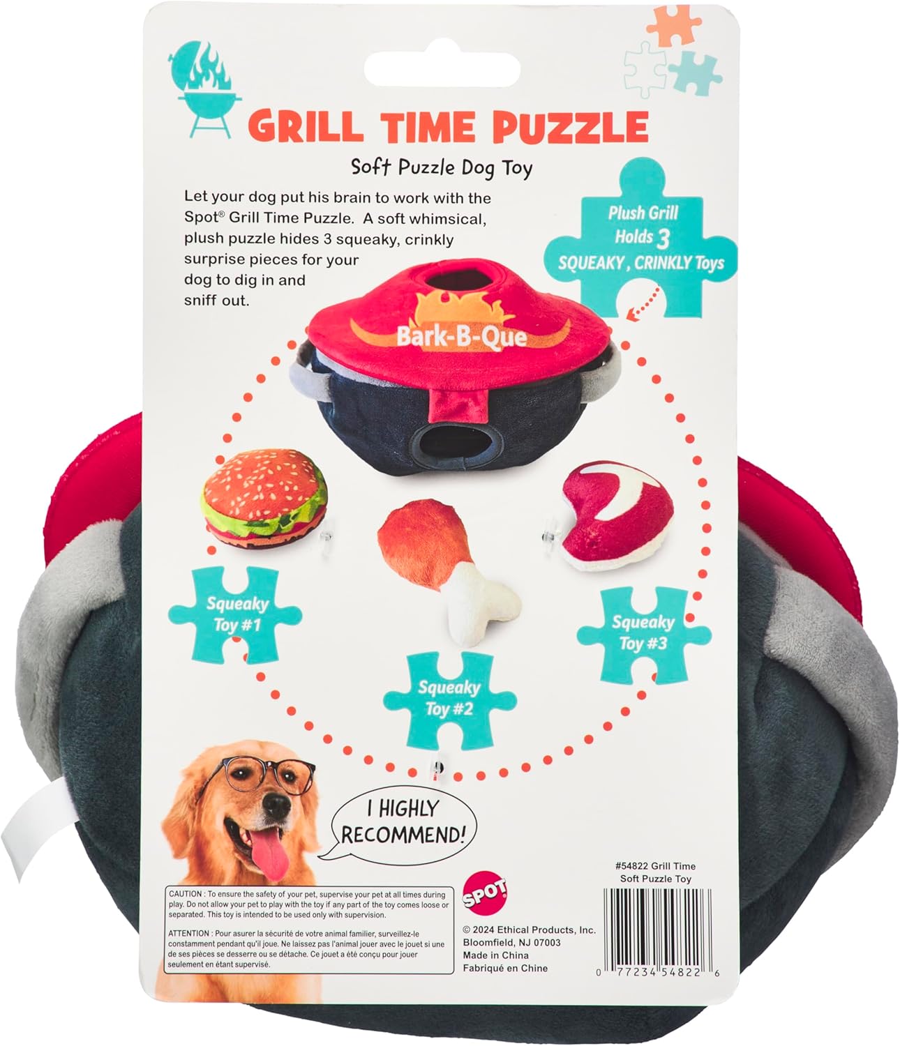SPOT Grill Time Puzzle Dog Toy – Plush BBQ Hide and Seek Toy with 3 Squeaky Crinkle Pieces: Burger, Steak and Drumstick – Interactive Enrichment for Small and Medium Dogs