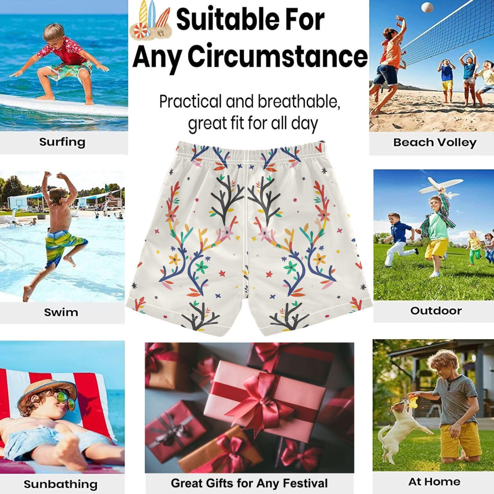 visesunny Summer Boy's Beach Shorts Vector Antler Flower Quick Dry Swim Trunks Baby Boy Bathing Suit with Pockets 4T