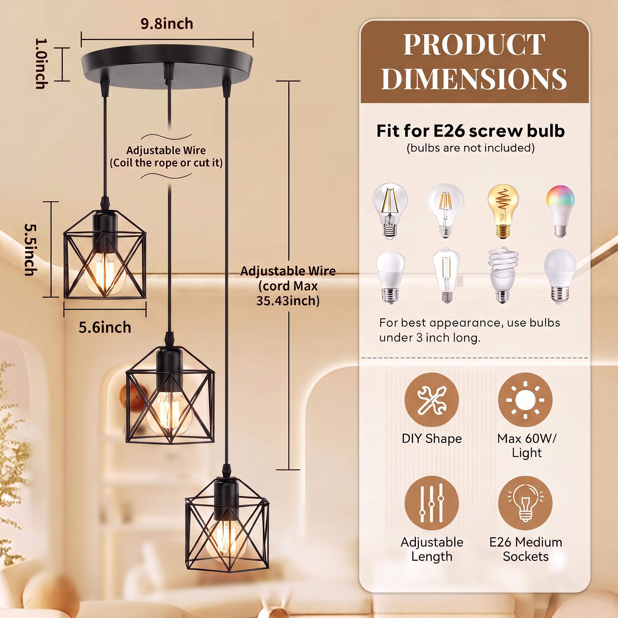 CANMEIJIA Suspension industrielle à 3 lumières pour îlot de cuisine, suspension classique en métal noir pour salle à manger, chambre à coucher, couloir