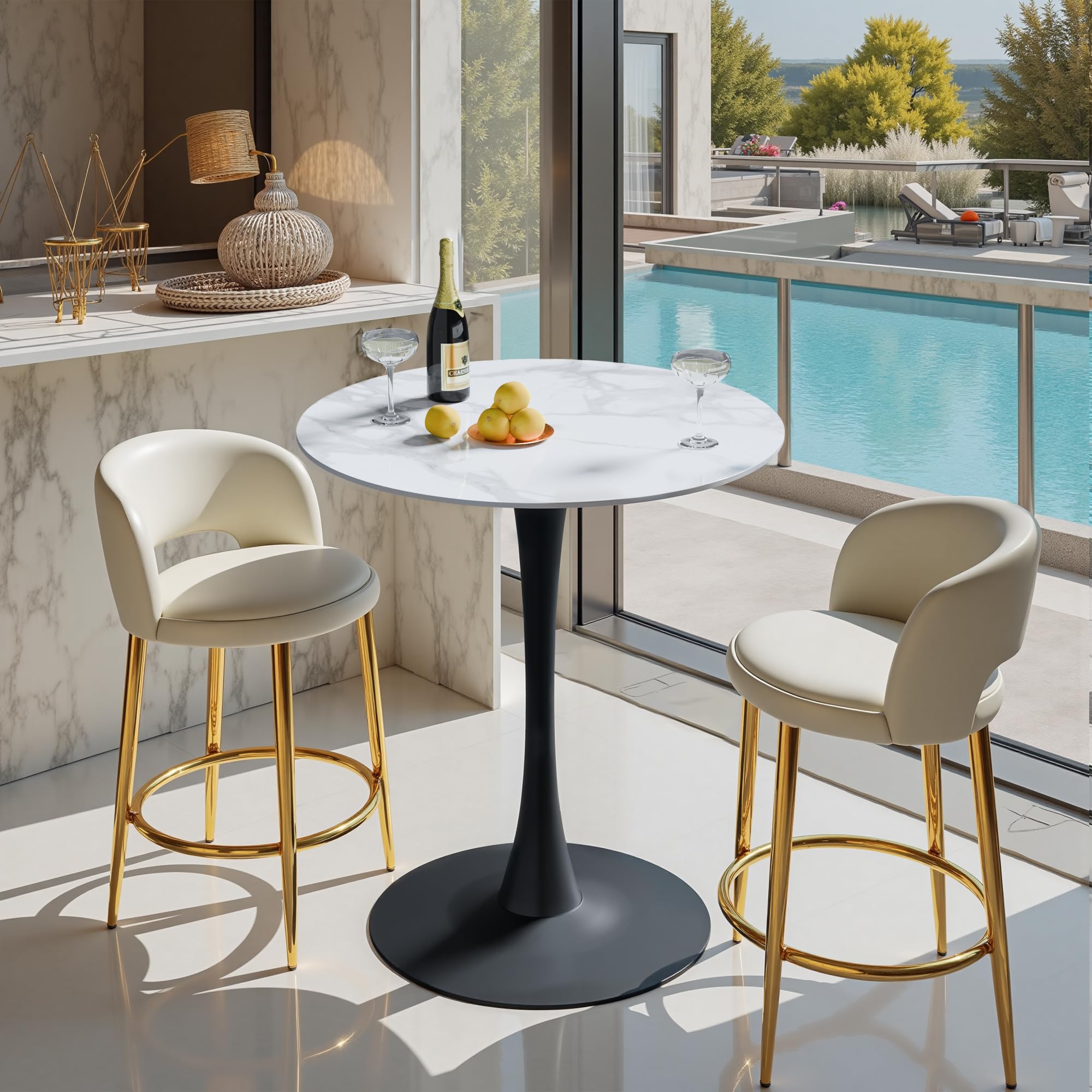 Round Bar Table Tall 100cm, Diameter 76cm White Marble Sintered Stone Top with Large Black Base - Versatile Breakfast Bar Table for Kitchen, Pub, Home & Commercial Use | White Breakfast Bars