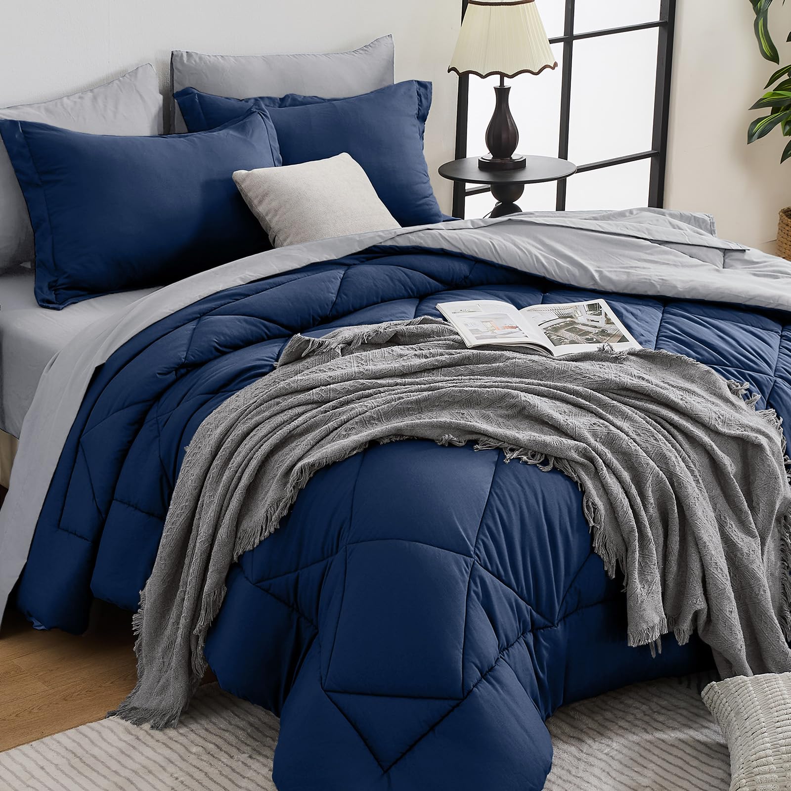 HEVUMYI 7-Piece King Comforter Set, Navy Blue &amp; Grey Bed in a Bag