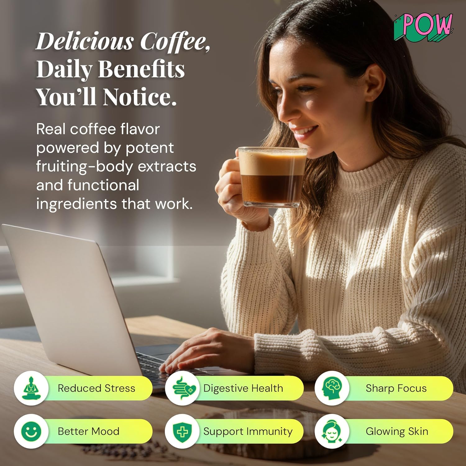 POW Wonder Coffee – Premium Adaptogenic Mushroom Coffee for Focus & Calm Energy with Lion’s Mane, Chaga, Reishi, L-Theanine & Collagen (50 mg Caffeine, 28 Servings) – Smooth Flavor, No Jitters