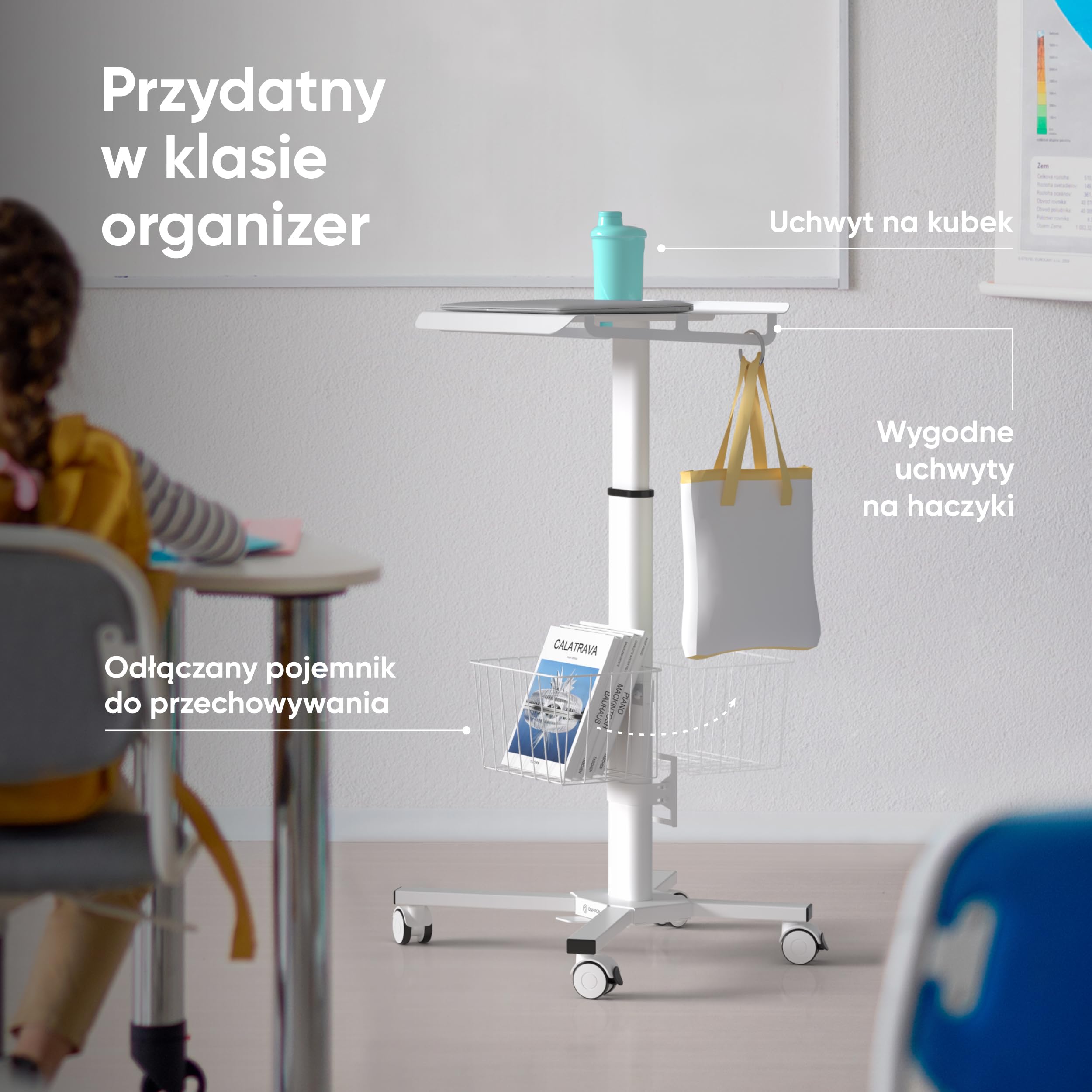 ONKRON Małe biurko z kółkami, optymalne obciążenie 8 kg, stolik na kółkach, stacja robocza z regulacją wysokości, stolik do laptopa, regulowane biurko mobilne na rolce, białe LMG30-W
