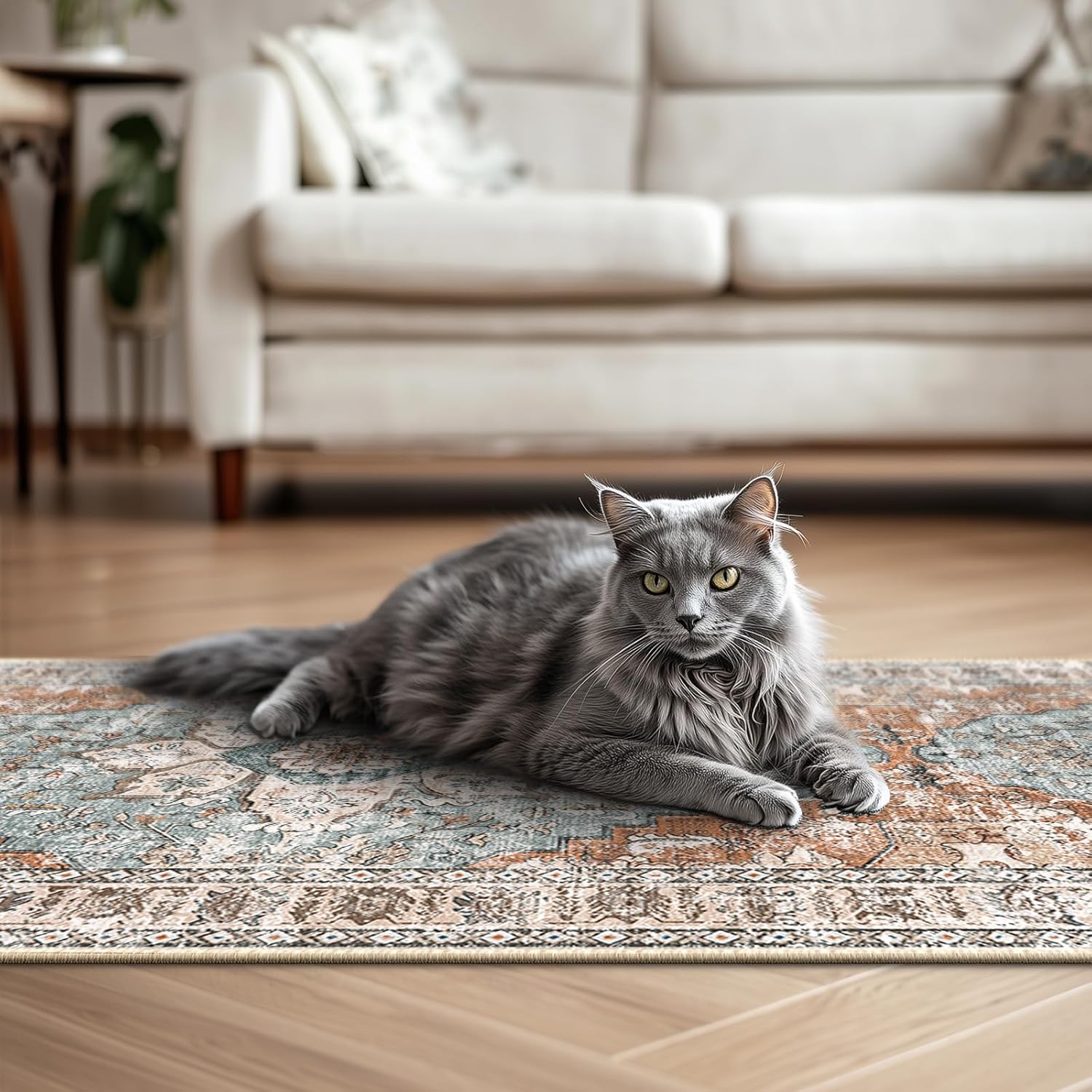 BESTSWEETIE 2x6 Area Rug Washable Rugs for Living Room, No Pile Boho Carpet for Entryway Bedroom Dinning Room, Vintage Carpet Print Distressed Non-Slip, 2 x 6 ft, Green Brick Rust Red