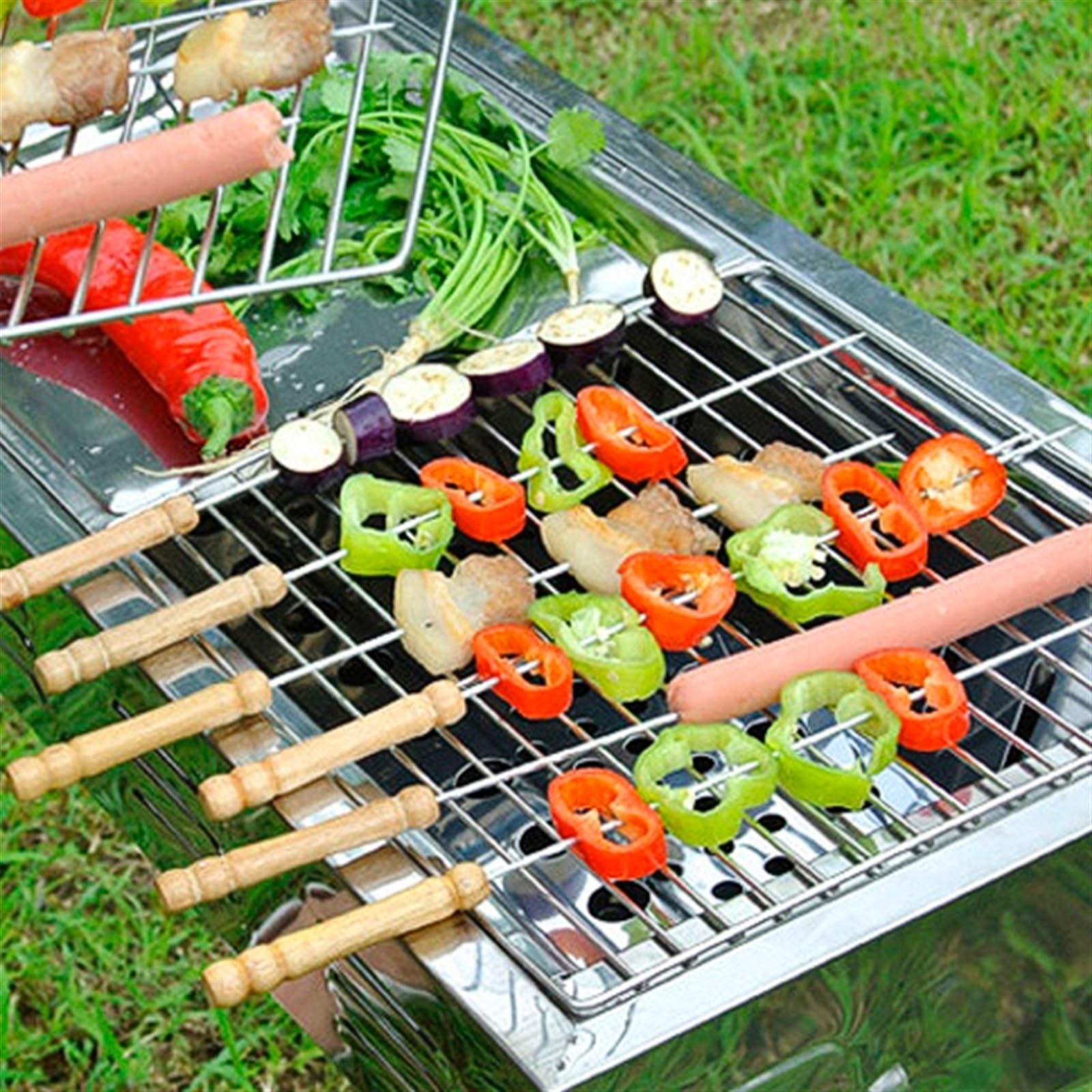 Brochetas de acero inoxidable, 12 brochetas de acero inoxidable con mango madera