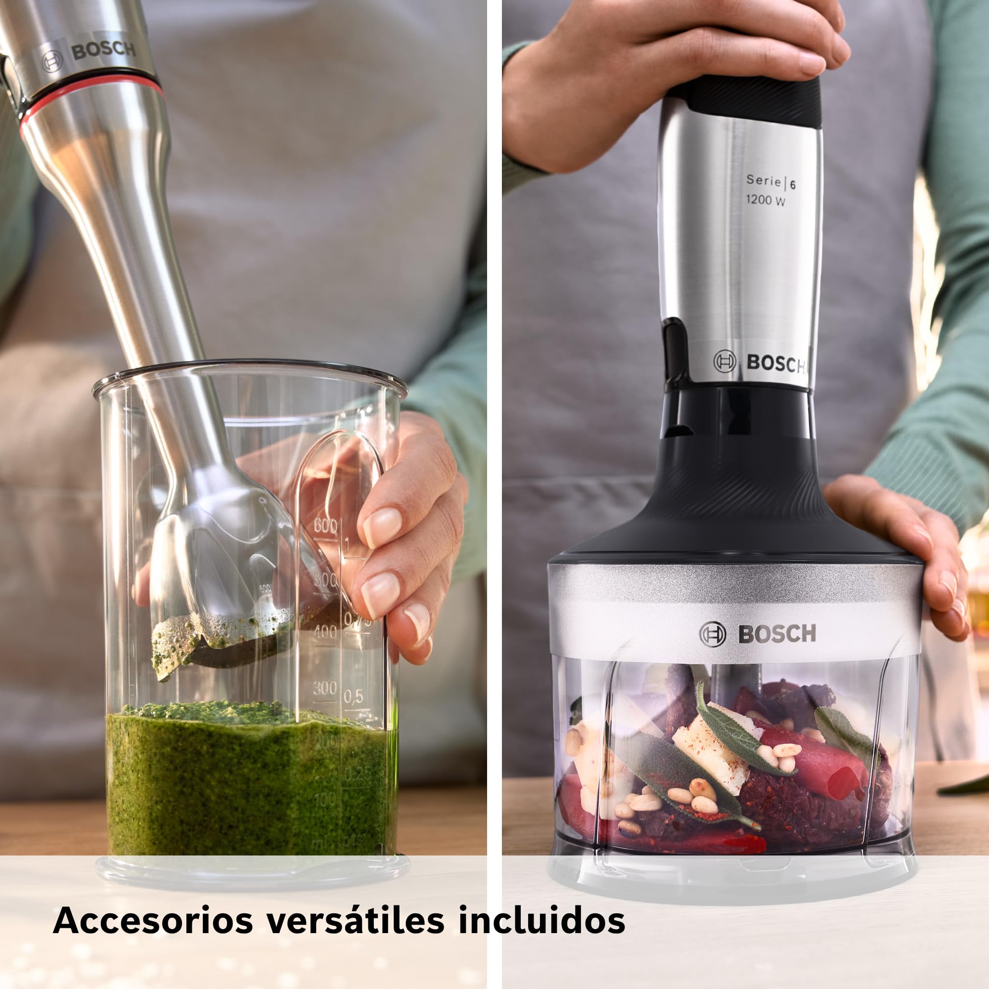 Bosch - Batidora ErgoMaster, Serie 6, 1200 W, QuattroBlade System Pro, Accesorios incluidos, Acero inoxidable, MSM6M830