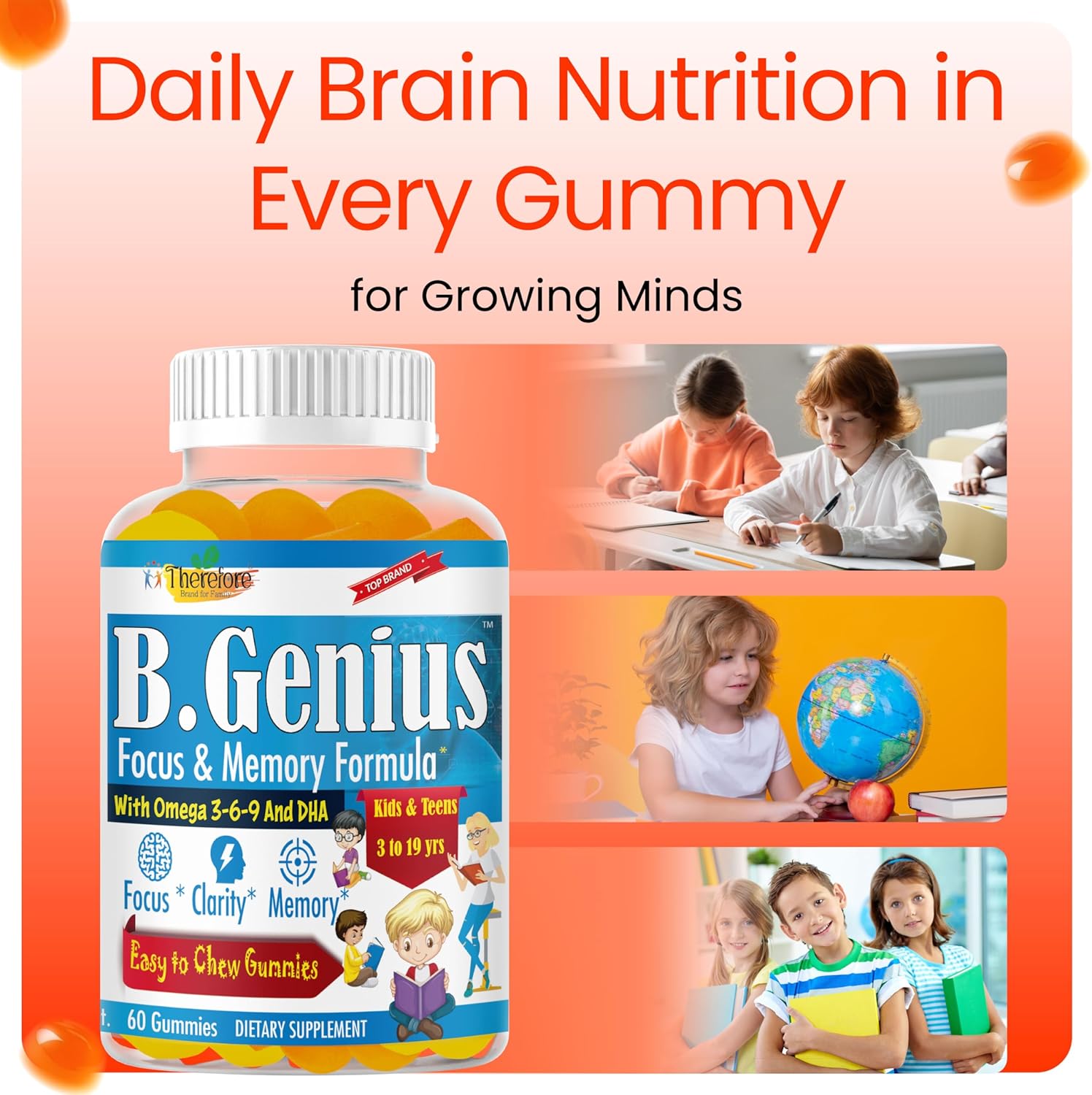 B.Genius Focus Gummies for Kids & Teens – Kids Focus and Attention Supplements – Memory & Concentration –Plant-Based Focus Supplement for Clarity, Learning & Cognitive Health-60ct