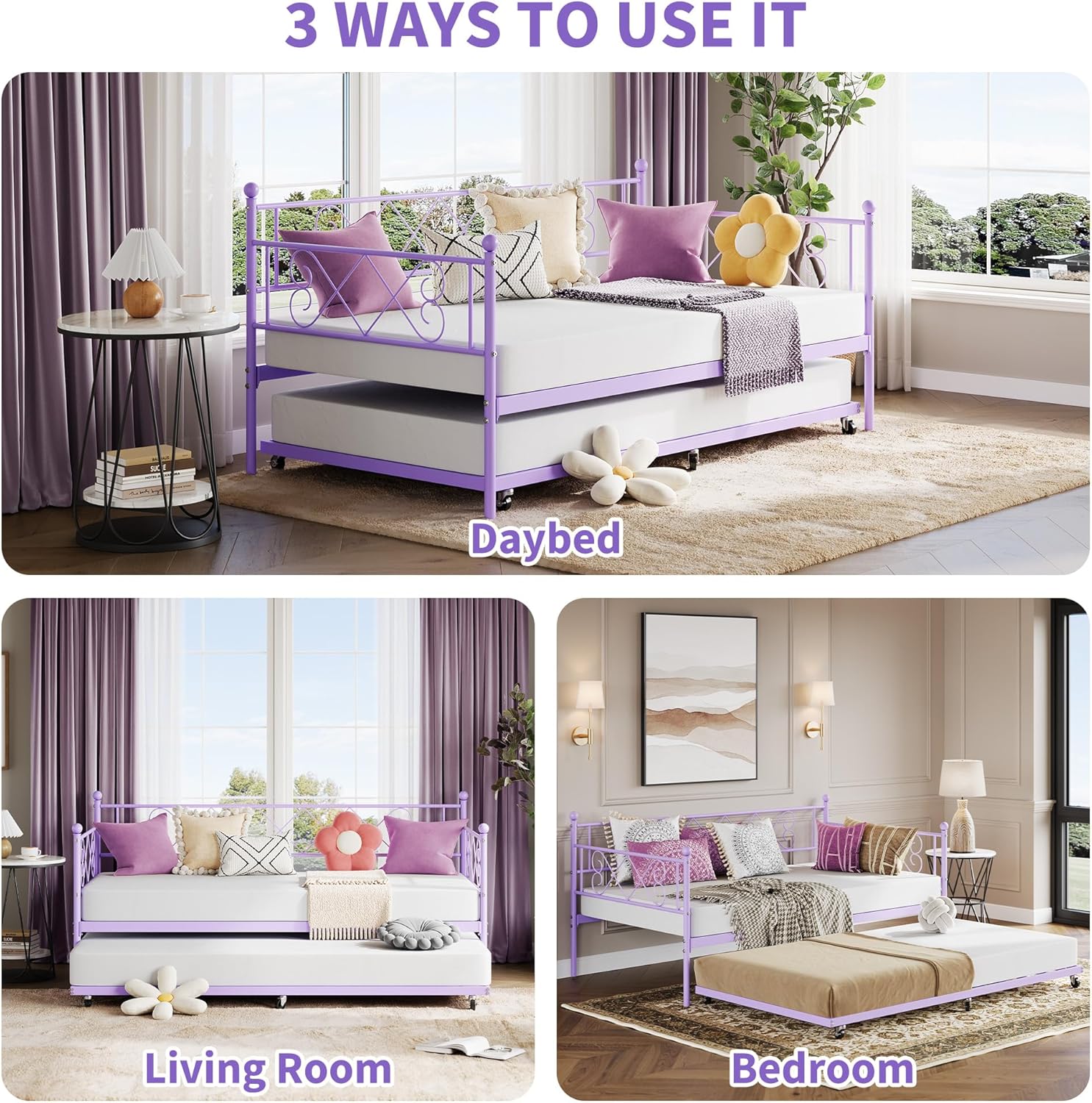 Garvee Daybed with Trundle, Trundle Bed Twin with Heart-Shaped Headboard, Sturdy Metal Sofa Bed, Heavy-Duty Metal Bed Frame Support, for Living Rooms, Bedrooms, and Guest Rooms, Easy Assembly, Purple
