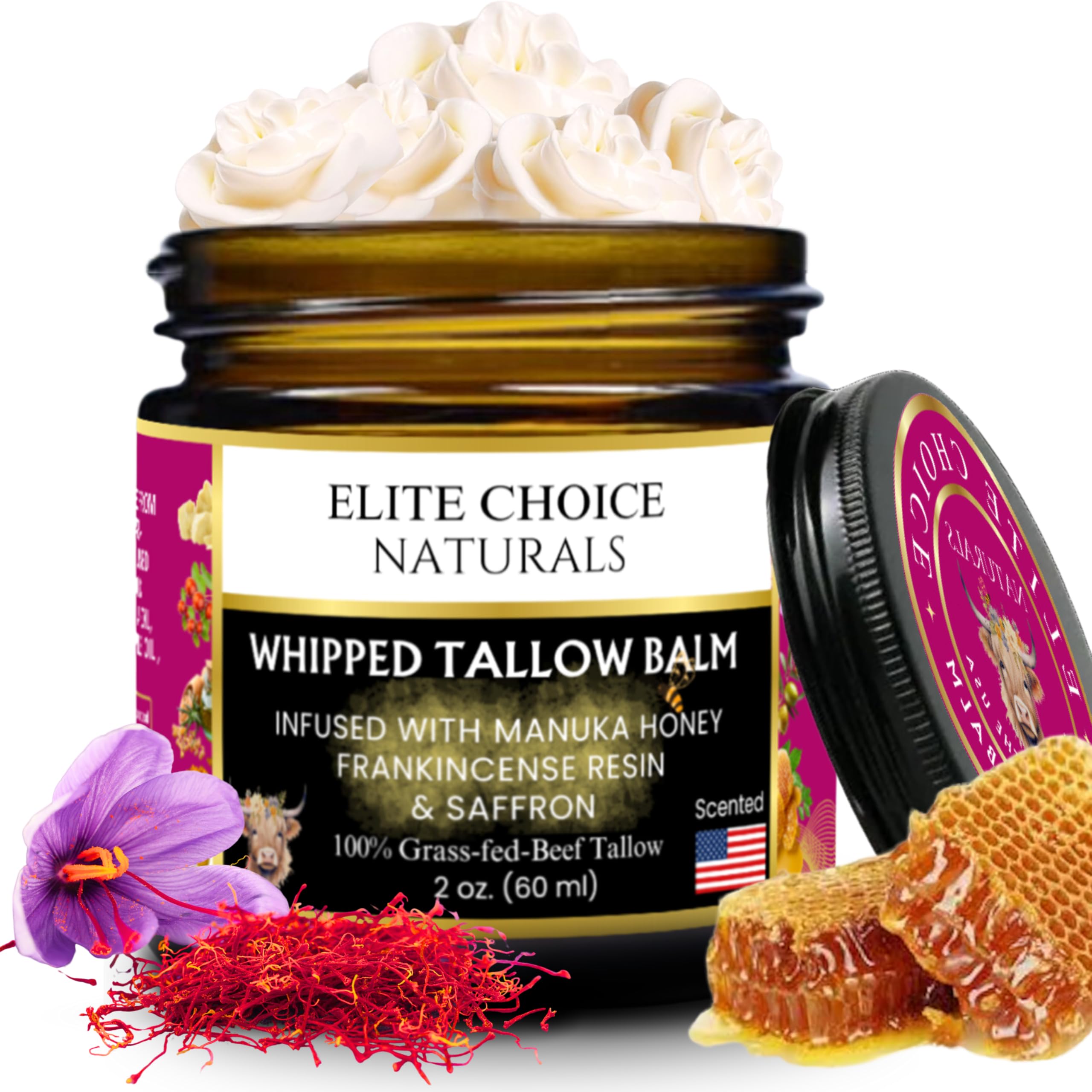 Beef Tallow for Face – Whipped Tallow Balm with Honey – Beef Tallow Moisturizer for Skin – Tallow Face Moisturizer for Wrinkles, Dry Skin, and Fine Lines – Beef Tallow Lotion - 2 Fl oz, Frankincense